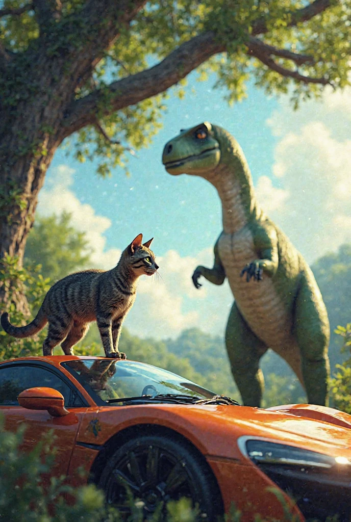 A cat stand on a car and a dinosaur stand down of a tree
