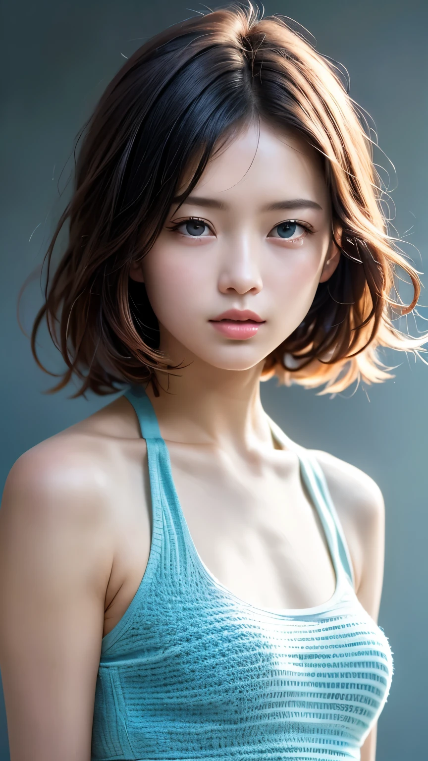 toless:1.7), (masterpiece, highest quality:1.2), 8k, Absurd, (Upper Body:1.2), Violet, Gardenias, beautiful girl, (Pretty face, Detailed face:1.2), (Crochet Halter Tank Top:1.2), Large Breasts, View your viewers, Film Grain, chromatic aberration, Sharp focus, High resolution, Face Light, (Simple Background, Dull Blue Background:1.3)