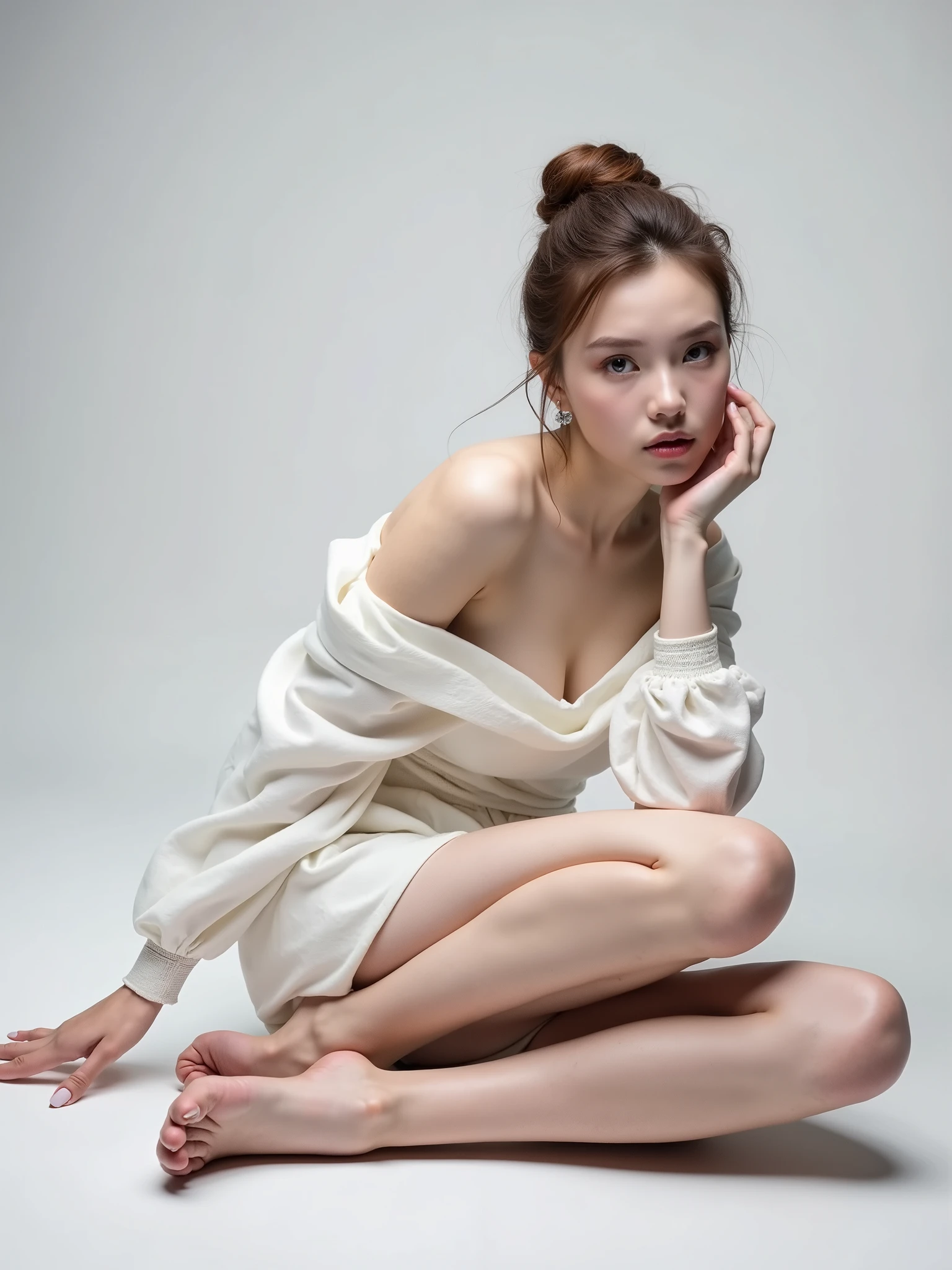 High quality detailed photo of young nice european woman in a white dress sitting on the floor with her legs crossed, opened nice eyes, avant garde fashion model, inspired by Antoni Brodowski, fine art fashion photography, inspired by Aleksander Gierymski, opened gey eyes, high fashion photography, fashion model photography, inspired by Horst Antes, haute couture fashion shoot, fashion photography, contemporary fashion shoot, white fashion shot, opened eyes