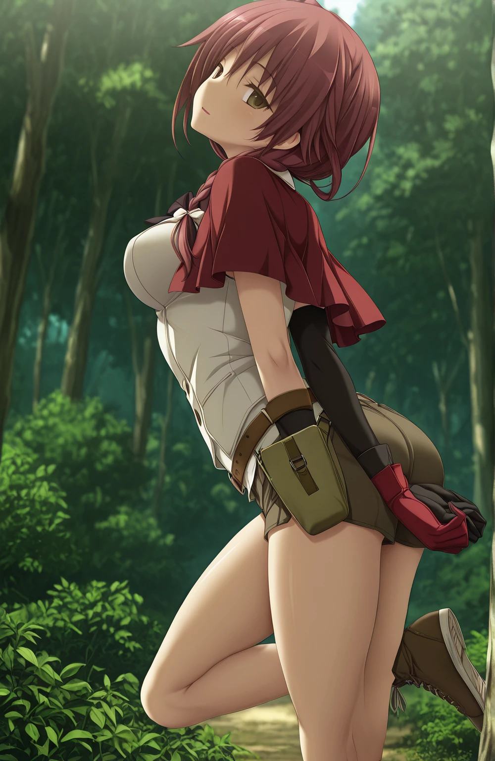 1 redhead girl with short hair, giant breasts, big ass, in the forest, with a bow and arrow