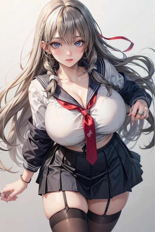 Ichinose Asuna, Gal, Voluptuous body, Big Breasts, Sexy pose, Pleated skirt, Angry face, blush:1.3, Sweat:1., soaked, White Shirt, Angry face, heavy breathing, Thigh,, ((white background)), Wearing a wet white shirt, white suit:1.5, Fully clothed:1.5