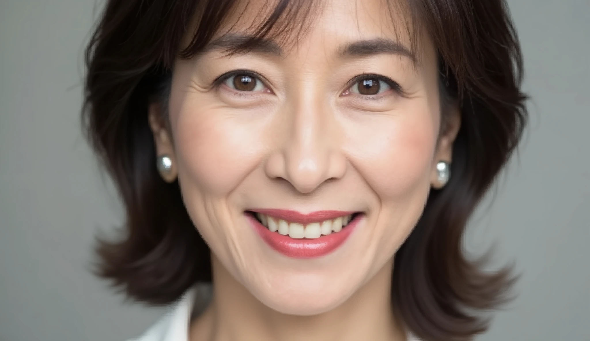 Close-up portrait of a sophisticated middle-aged Japanese woman, 48 years old, with a layered short bob haircut. Soft waves gracefully frame her face. she has a gentle and sophisticated look, With a warm smile . She has soft pink lips and natural makeup with modest blush. the lights are bright、Attractive, Highlights smooth skin and fine lines of laughter. The background is simple and modern. (super real, high detail, masterpiece, 4K, physically-based rendering, depth of field, sharp concentration)