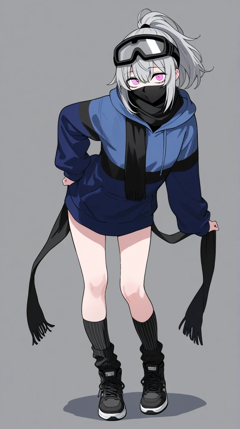 Shygal, 1girl, standing, thighhighs, (thick thighs:1.2), legwear, black hair, full body, (white hoodie:1.3), mask, figma, squatting, black panties,