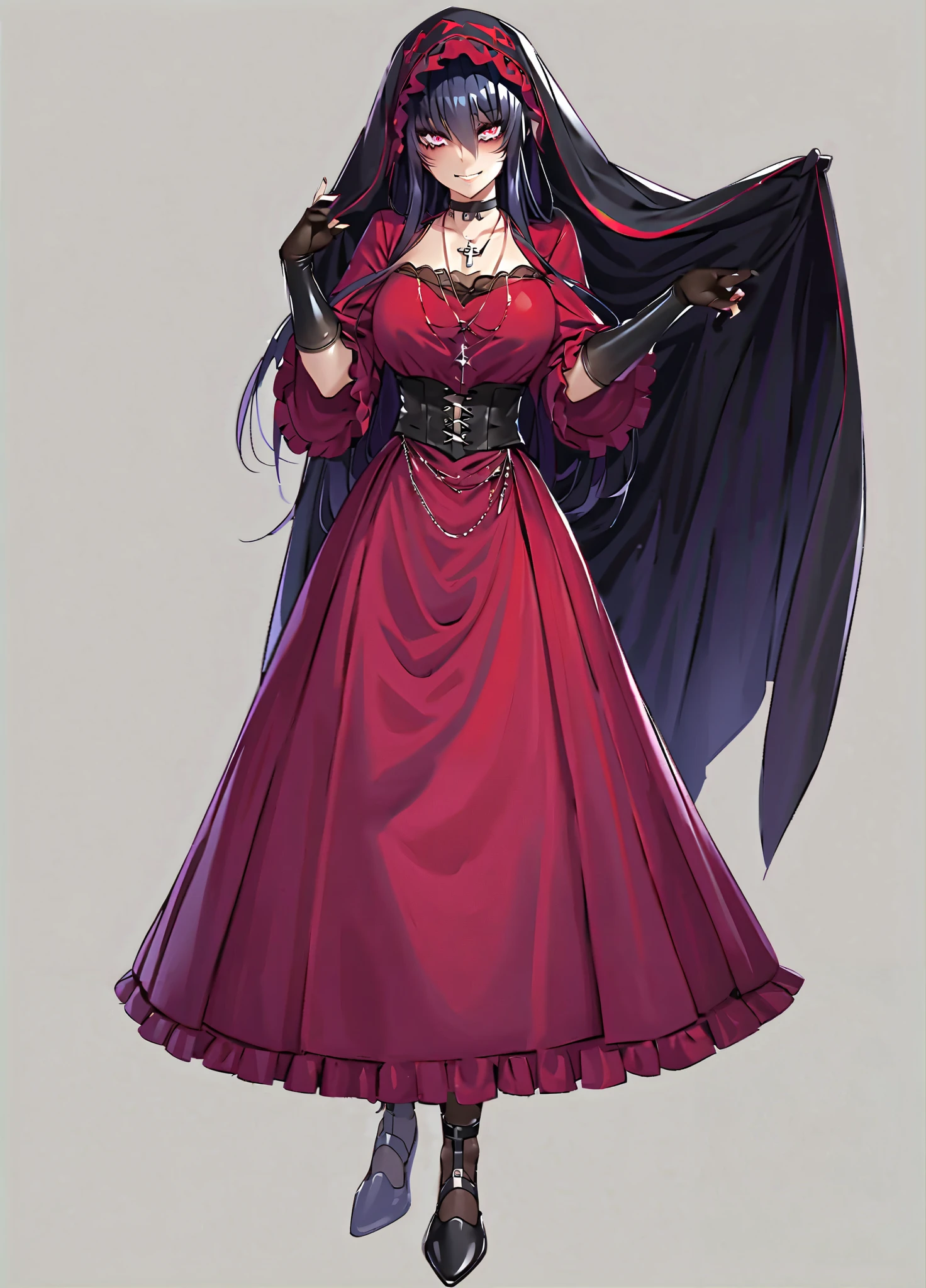 three different views of a woman in a long dress and a cape, Carmilla Vampira, vampire fashion, beautiful full-body concept art, ( ( concept character art ) ), full body xianxia, Rin Tohsaka, crimson clothes, cushart krenz arte chave feminino, crimson attire, royal attire akira, characters from azur lane, astral witch clothes