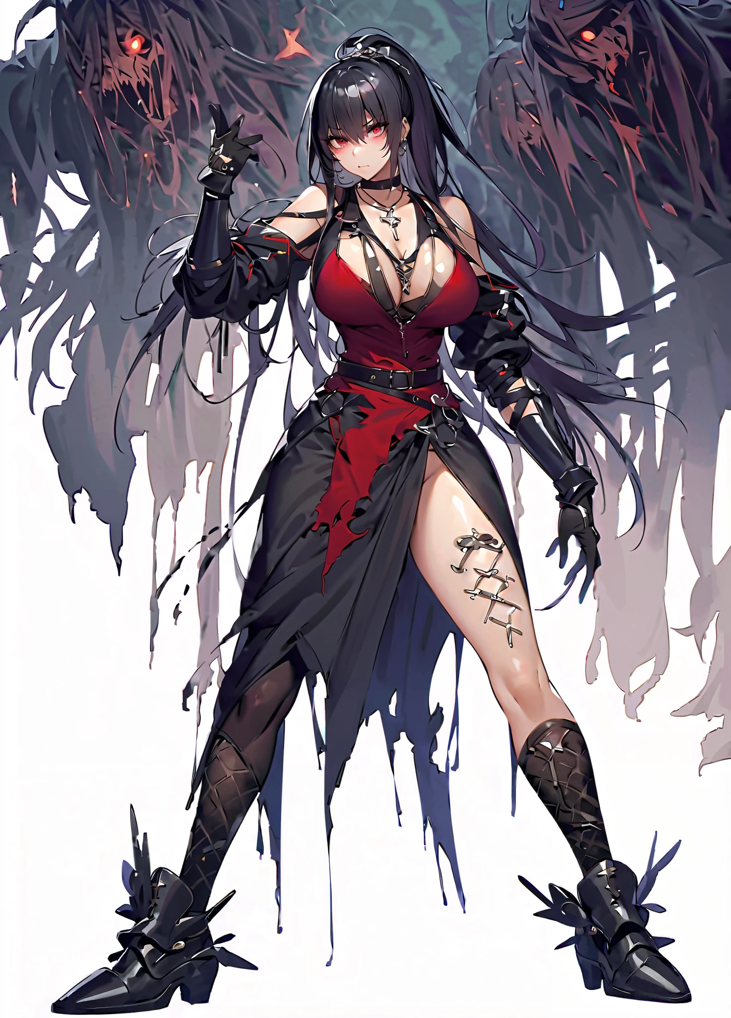 1 girl, black fur, Red eyes, suit and skirt, with a red sphere on the tip of his index finger and red whips coming out of that sphere, big breasts