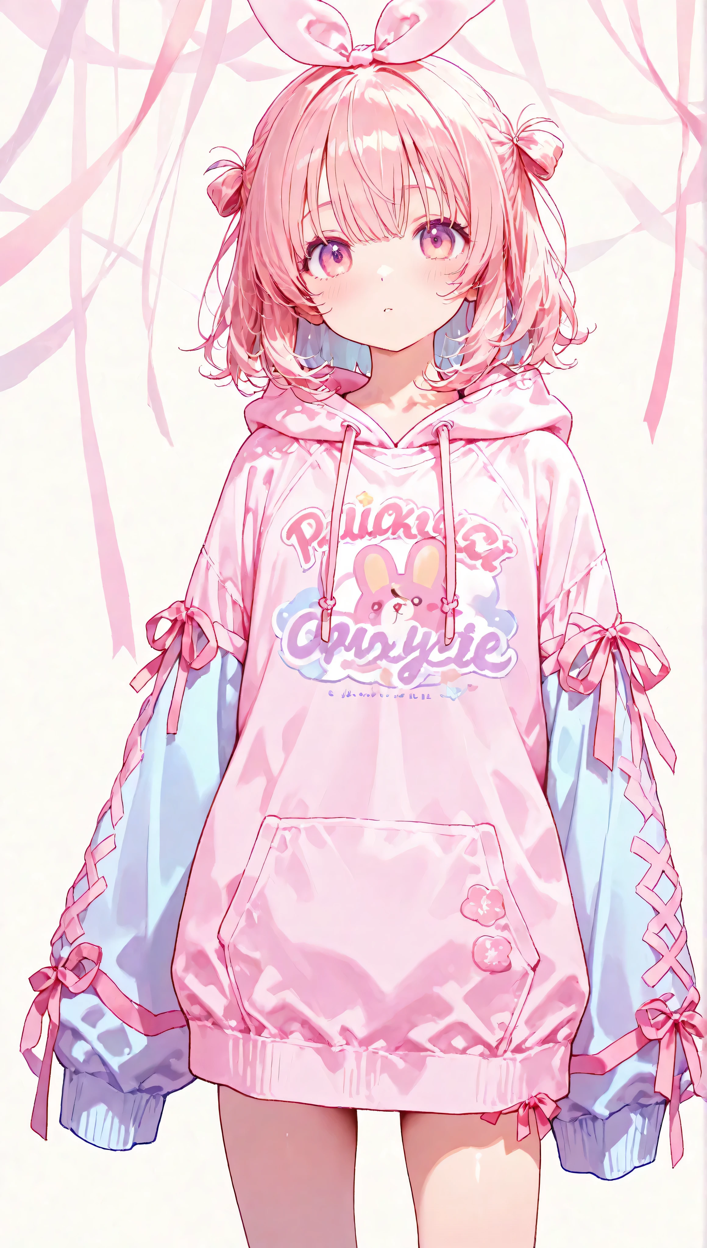 Pastel colors clothes, oversized hoodie, ((pink ribbon on sleeves:1.5)), kawaii