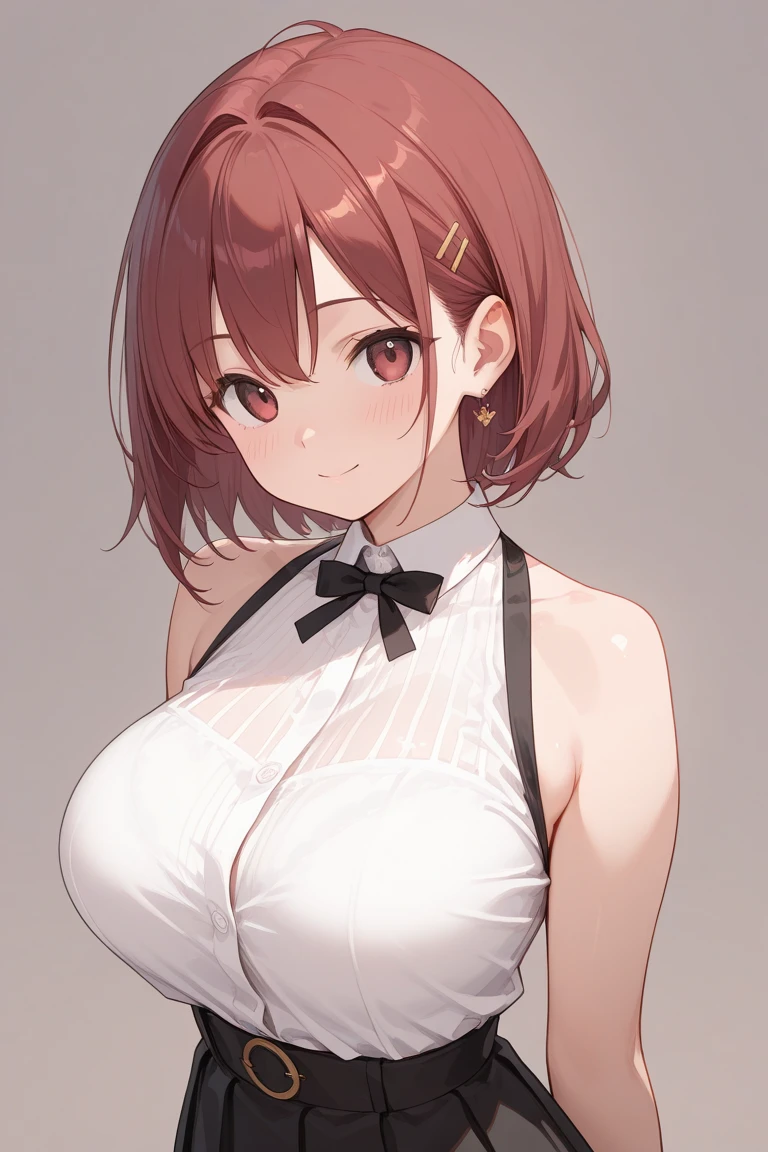 ((masutepiece, Best Quality, hight resolution, nffsw, Perfect Pixel, depth of fields, 4K, )), 1girl in, Solo, , Beautiful anime girl, Beautiful Art Style, close up, Looking at Viewer, Perfect body, side shot, Yuigahama Yui, Short hair, pink hair, pink eyes, hairbun, (large boob), side boob, sitting, black playboy bunny outfit, smile, hands on thighs, blank white background