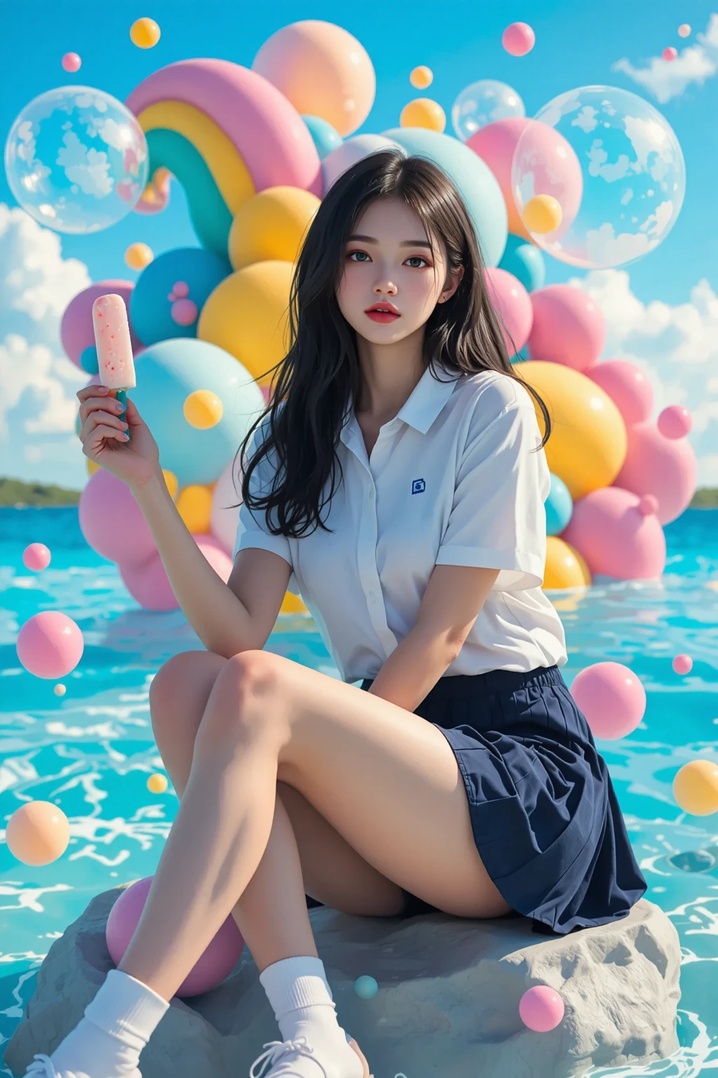 (best quality,official art,beautiful and aesthetic:1.2),(fractal art:1.2),offcial art,colorful,Colorful background,splash of color,movie perspective,advertising style,magazine cover,
xuer popsicle,1girl,solo,long hair,skirt,shirt,black hair,holding,sitting,,white shirt,short sleeves,pleated skirt,outdoors,food,sky,shoes,day,collared shirt,cloud,black skirt,medium hair,water,blue sky,blue skirt,bare legs,ocean,sandals,white footwear,holding food,scenery,bubble,blue theme,water drop,ice cream,(air bubble:1.3),summer,whale,