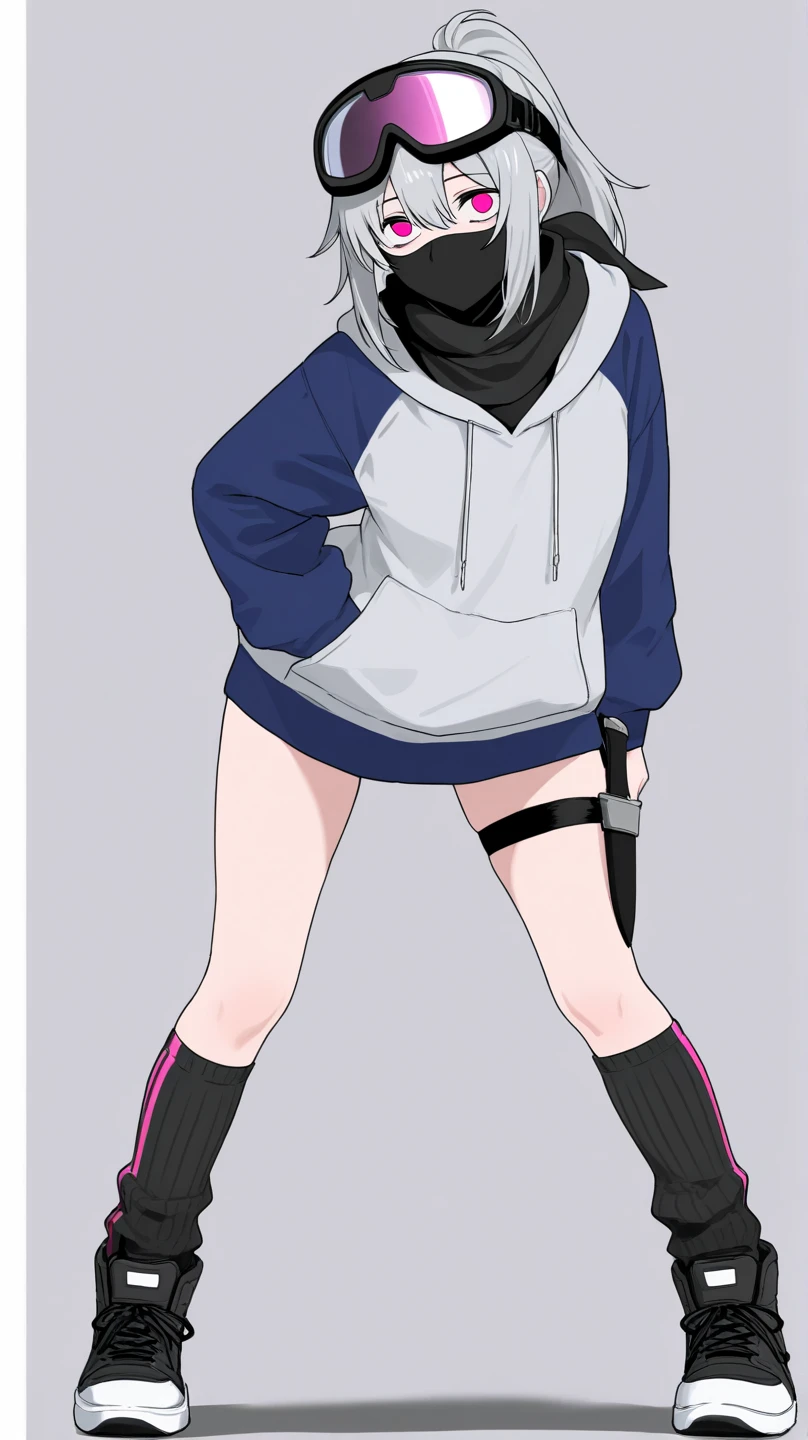 tennis girl in tight mini virgin killer sweater, panty, wearing oven mittens tucked in pockets, blindfold