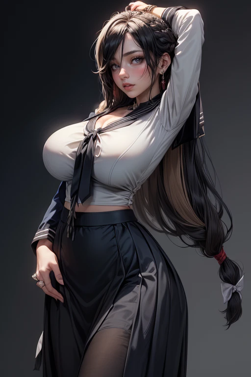Italian girl 25 years old, truly gigantic breasts, very long black hair, arms tied with ropes to a menir, black skirt, torn blouse containing the breasts
