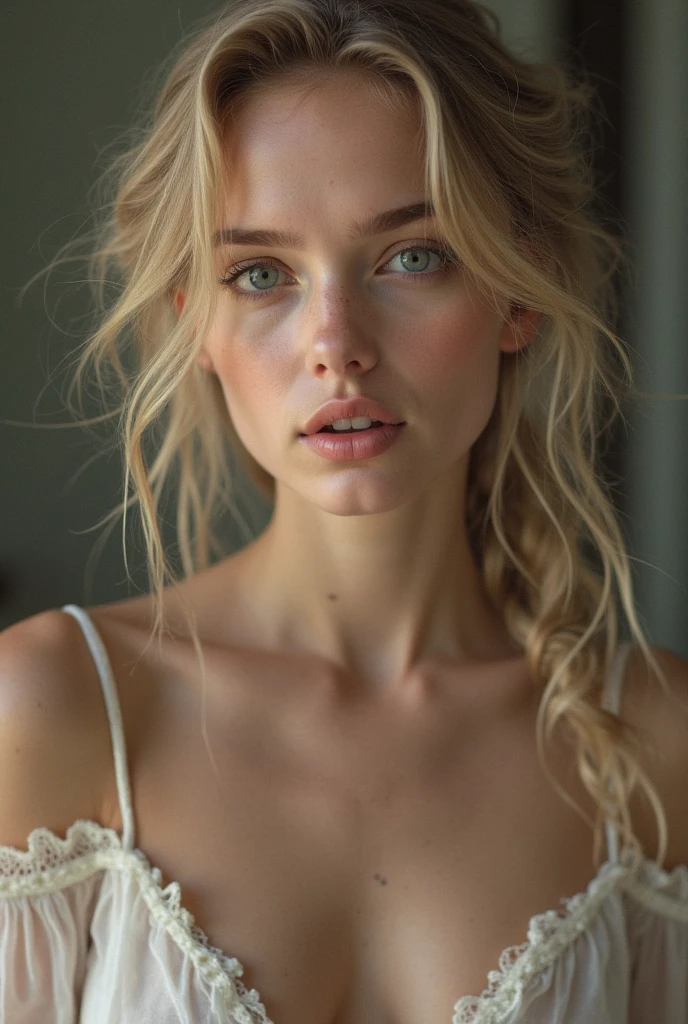 Round face like elsa,blonde hair,braided hair ,nude,big boobs,slim,hot,realistic,(best quality)), ((masterpiece)), (detailed) antique colour photo, light leaks,Photograph taken on kodak camera, Retro aesthetic, Shot on 35 mm kodak camera, Film vintage colors, 8k, magazine image