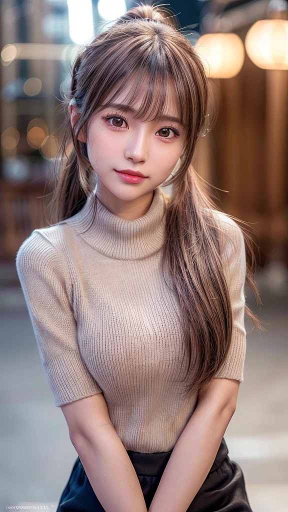 blush,14 years old,small breasts,winter,european cityscape,long hair ponytail,winter clothes,plaid shirt,long skirt,close up of face,((8K, Raw photo, best quality, muste piece:1.2), (Reality, photorealistic:1.4), (Highly detailed 8K wallpaper), Depth of the bounds written, cinematic lighting, soft light, detailed beauty eye,Shiny and smooth light brown ponytail, asymmetrical bangs, shiny skin, super detailed skin ,high resolution, high detail, detailed hairstyle, detailed beauty face, hyper real, perfect limbs, perfect anatomy ,1 Japanese girl,famous japanese idol, perfect female body,shy smile,short eyelashes,double-edged eyelids,look straight here,Hair style is ponytail,