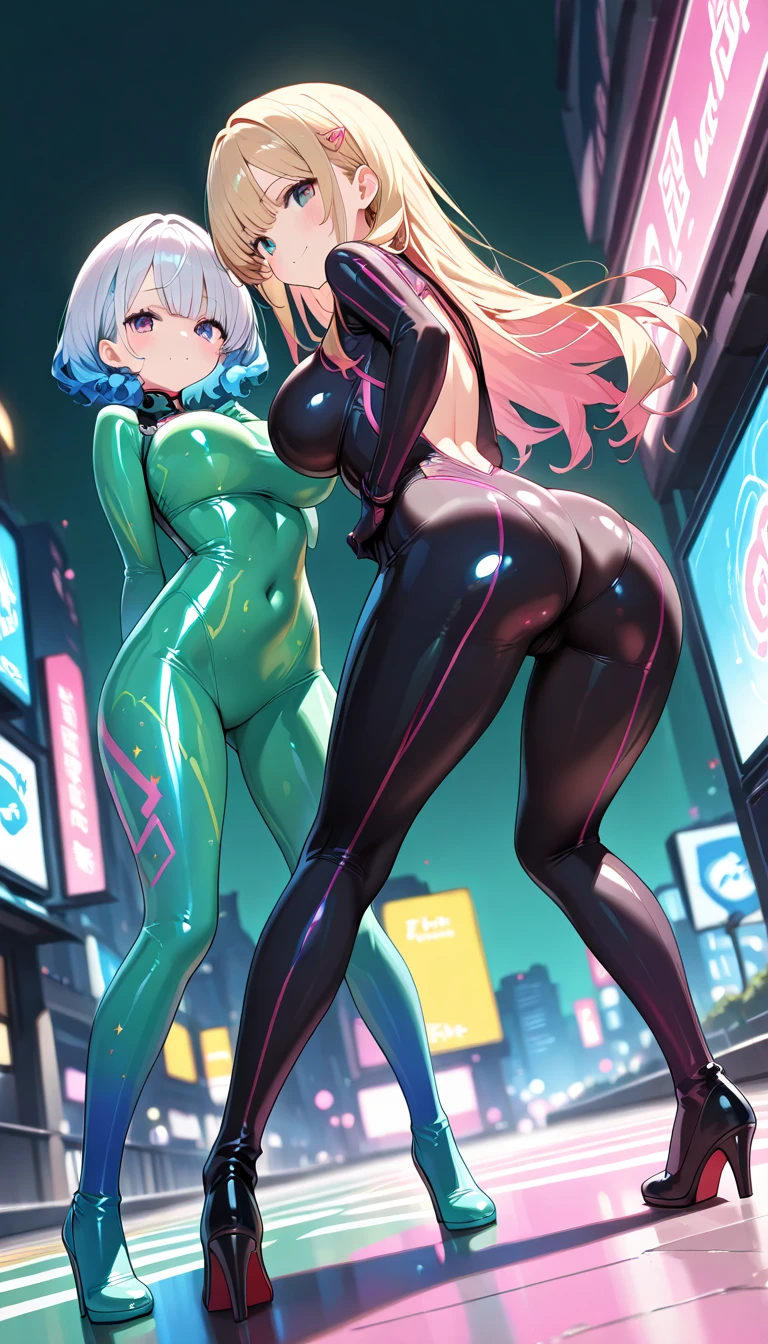 ((masterpiece,Highest quality:1.3)),cowboy shot,1woman,30 year old beauty,Investigator、独奏,((very small head:1.4)),green hair,(low ponytail),long hair,blunt bangs,green eyes,gorgeous eyes,shy,tears,Heavy breathing、medium breasts,(very long body:1.4),(toned body,slender body,skinny),gleaming skin,shiny skin,(Black leotard、Green Line、Long sleeve),((High leg、barefoot))、(incontinence、peeing)、Wet crotch、standing,Dark back alley、Metropolis、cyber punk、World of Blade Runner、