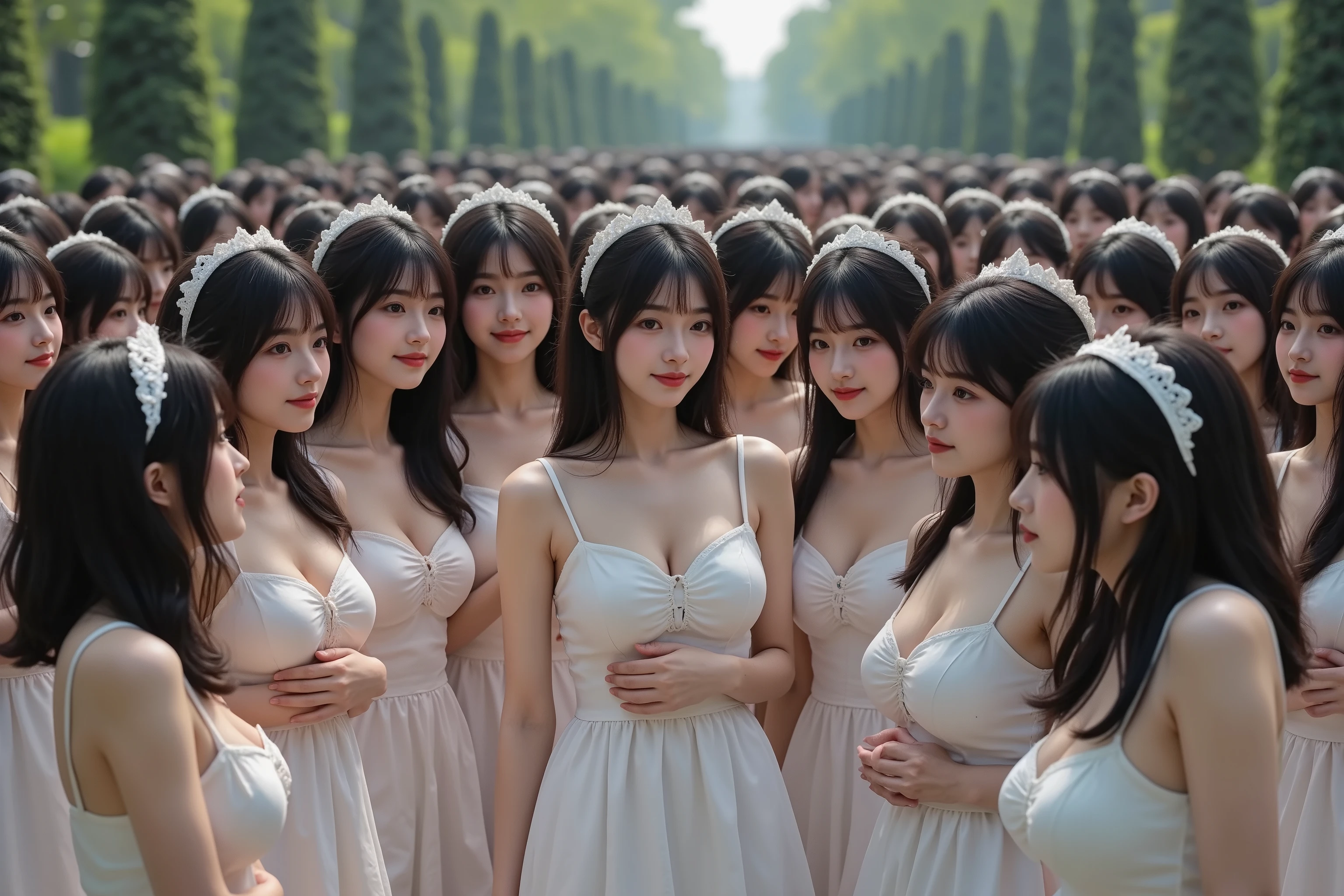 (((Myself = Japanese Beautiful Super Clones multiply girls 容姿が完全正確に一致))), (((((Myself OnlyのSuper Clones multiply girlsが大群衆で蠢く描写, many of us are clones of girls doting with each other, hugging and flirting, super dense lesbian, super passionate sexplay, kissing, licking their cheeks, many of us are clones of girls unbearably like eroticism, samurai feeling good))))), (Super Best masterpiece, Raw Photography Art, 16k, best image quality, ultra high resolution), ((Xiaoyan, black hair, semi-long hair, gravure idol, very cute smile, 27yo)), ((very beautiful, detailed and accurate female body movements super super big breasts cleavage emphasis)), (((classic western maid costume that matches all looks))), ((Western architecture palace vast green garden secret garden worldview)), (Very detailed and accurate1point perspective drawing super wide angle field of view super wide top view super wide top view I don't need a subject right in the middle), (((((All Super Clones multiply girls love love love))))), (((The highest degree of perfection of the work)))