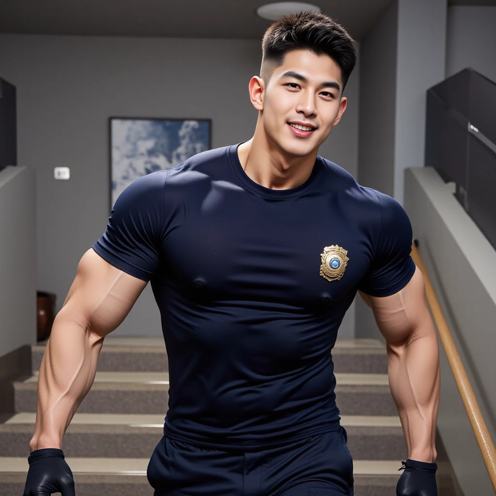korea male male model sit on the table , big muscles, handsome, cool, smoothly combed hair, pierced ears, wearing a t-shirt navy top, holding a lollipop, portraiture, modeling, dynamic pose, Japanese street, late at night, store lights trade, full half body shot, kind_smile, open mouth, fullbodypolice officer, Korean Men ,facial hair, Full body, ,(Police badge) ,(Torn navy round neck shirt), (Navy blue round neck shirt.), (Abrasions on the body....: 1.3), (Navy Cargo Pants: 1.3), Short Hair Hair, (High shadow detail),Pectoral muscles, Big arm muscles, blood vessel, Big muscles, Wide shoulders, Abrasions on the body...., Abrasions on the face, nighttime , fire truck