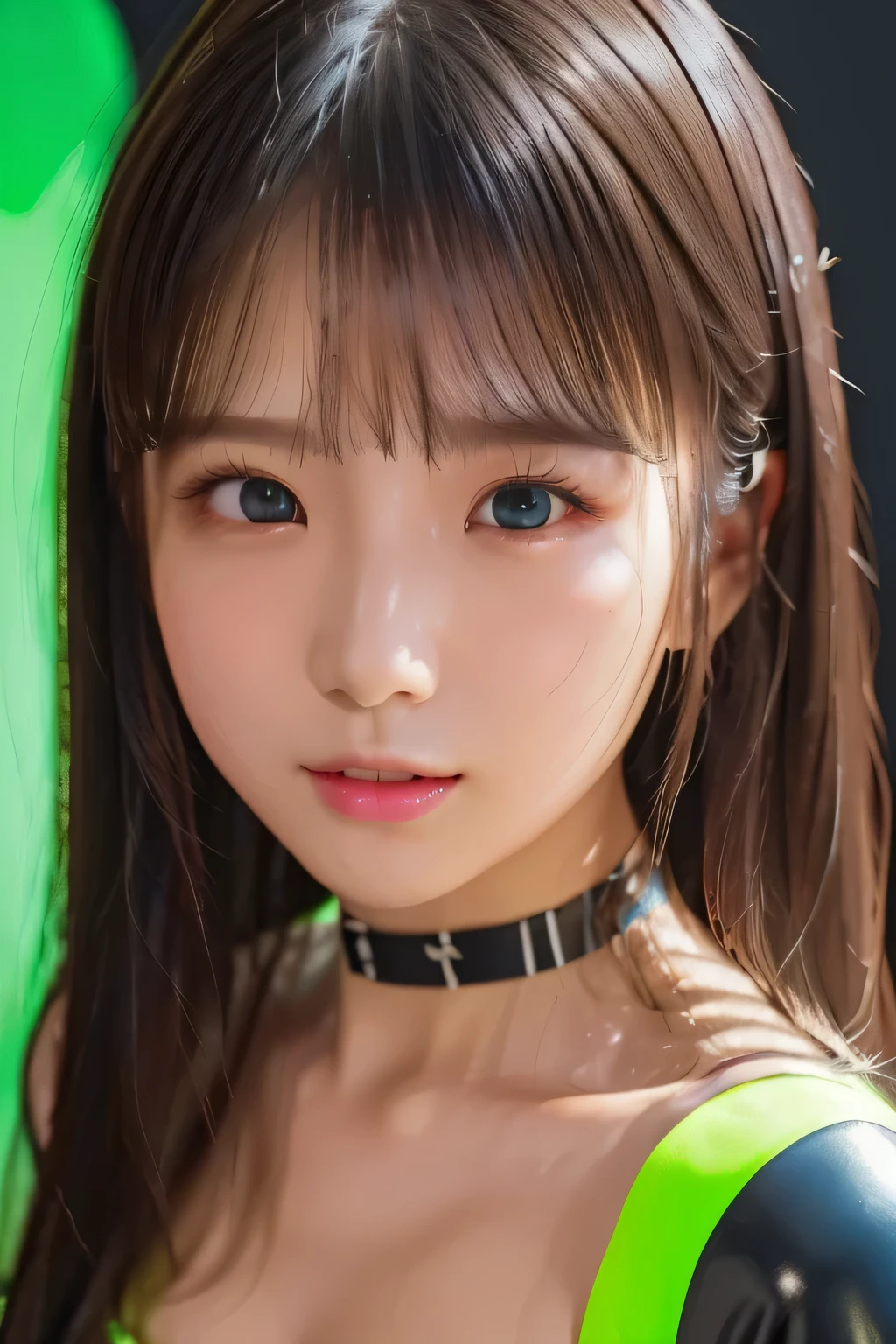 (masterpiece、top quality、 super detailed description、ultra high resolution)、(face shot close-up:1.3)、girl、solo、((small chest))、cute、idol face、long hair、(Professional lighting and shadows:1.3)、(neon green electronic circuit background)、(Front Close:1.3)、(Pure Eros Face)
