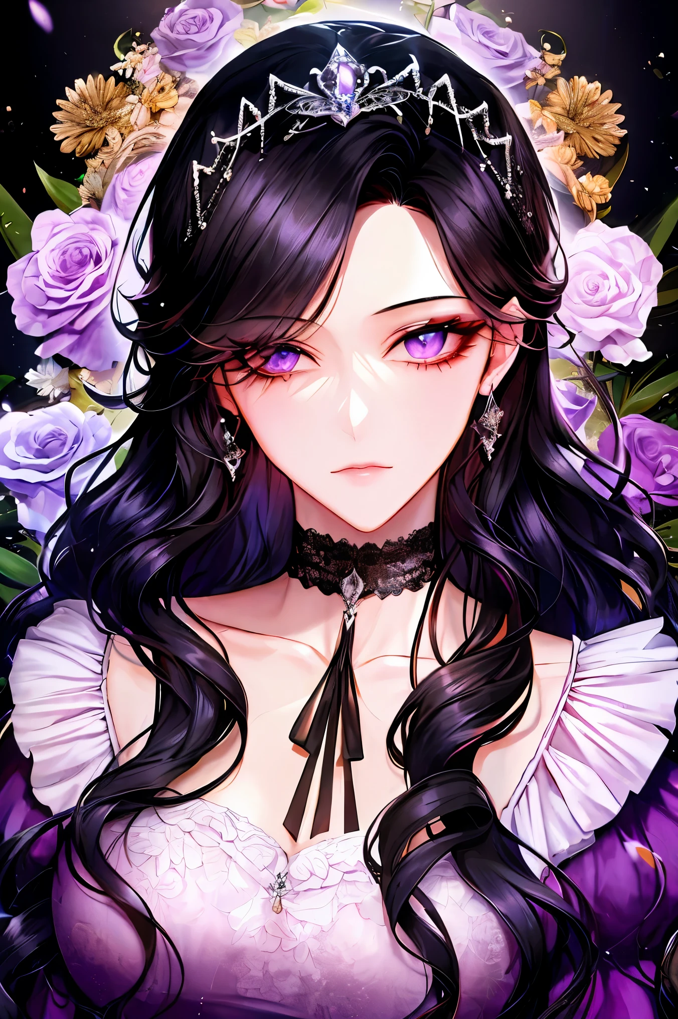 shoujo-style, floral background, romance manhwa, 1girl, black hair, solo, long hair, flower, dress, tiara, purple dress, gloves, long sleeves, choker, purple eyes, mascara, makeup, white gloves, black bow, black flower, wavy hair, bow, jewelry, looking at viewer, dark background, collarbone, puffy sleeves, silver accessories, upper body, parted bangs, very long hair, purple dress, frills, bangs, closed mouth, detailed eyes, (close up), gleaming skin, shiny glossy skin