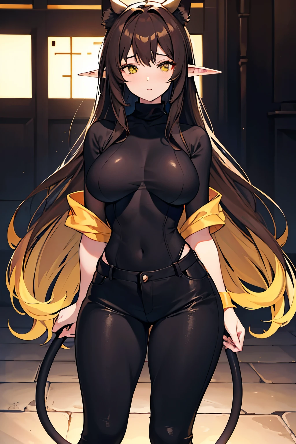 1girl, extremely long hair, solo, ((muscular)), veins, black hair, yellow eyes, blushing, thick thighs, pale skin, strong, veins, abs, big thighs, huge breasts, navel, standing, angry, tight pants, tight shirt