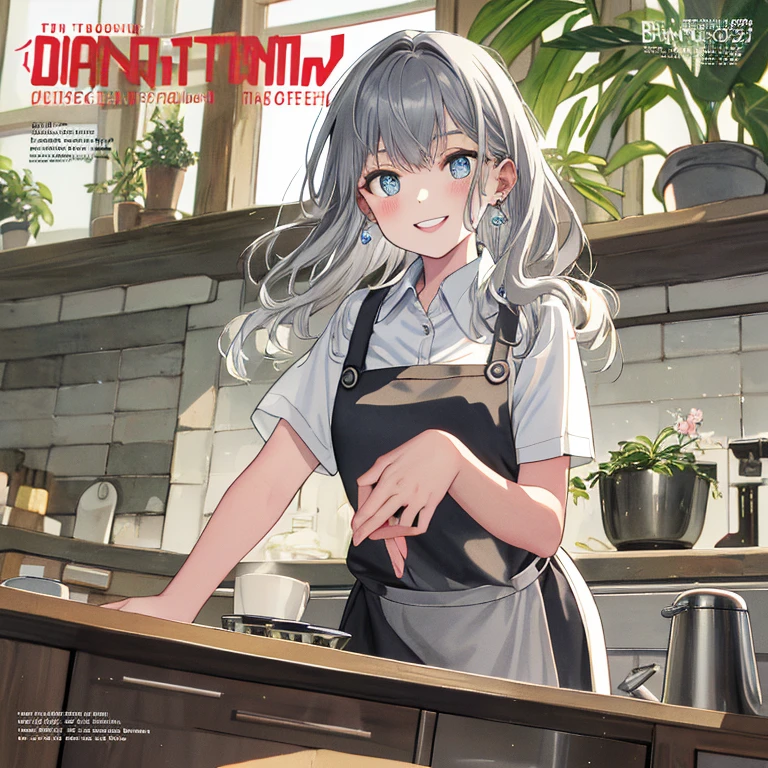 (masuter piece,Best Quality,Ultra-detailed), (A detailed face),Cover of a cooking magazine,1girl in,silber hair,Aimei,age19,cute little,Warm smile,Pizza chef,Floral apron,foods,Texto,advertisement,magazine title
