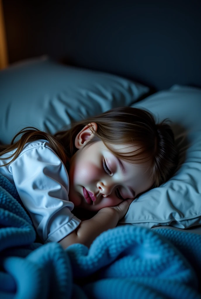 A serene night sky with stars shining brightly and a gentle, glowing moon whispering "Good night, sleep tight." In the foreground, a peaceful child is drifting off to sleep in a cozy bed. Soft, ethereal light surrounds the , creating a dreamy atmosphere. Angelic figures can be seen watching over the , adding a sense of protection and comfort. The entire scene exudes warmth, tranquility, and a sense of magical wonder.