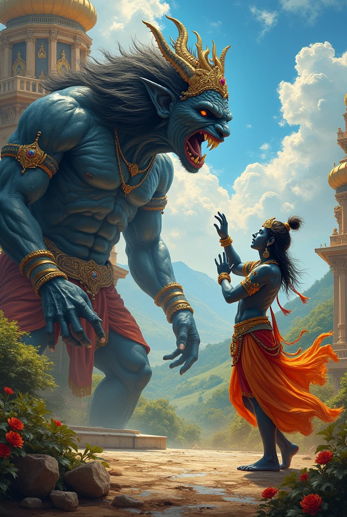 3d muscular small teen krishna with  skin blue  colour wearing gold ornaments peakock one feather on head
 fights with  3d heighted  dark demon highly graphic war scene depicting them in front of each other