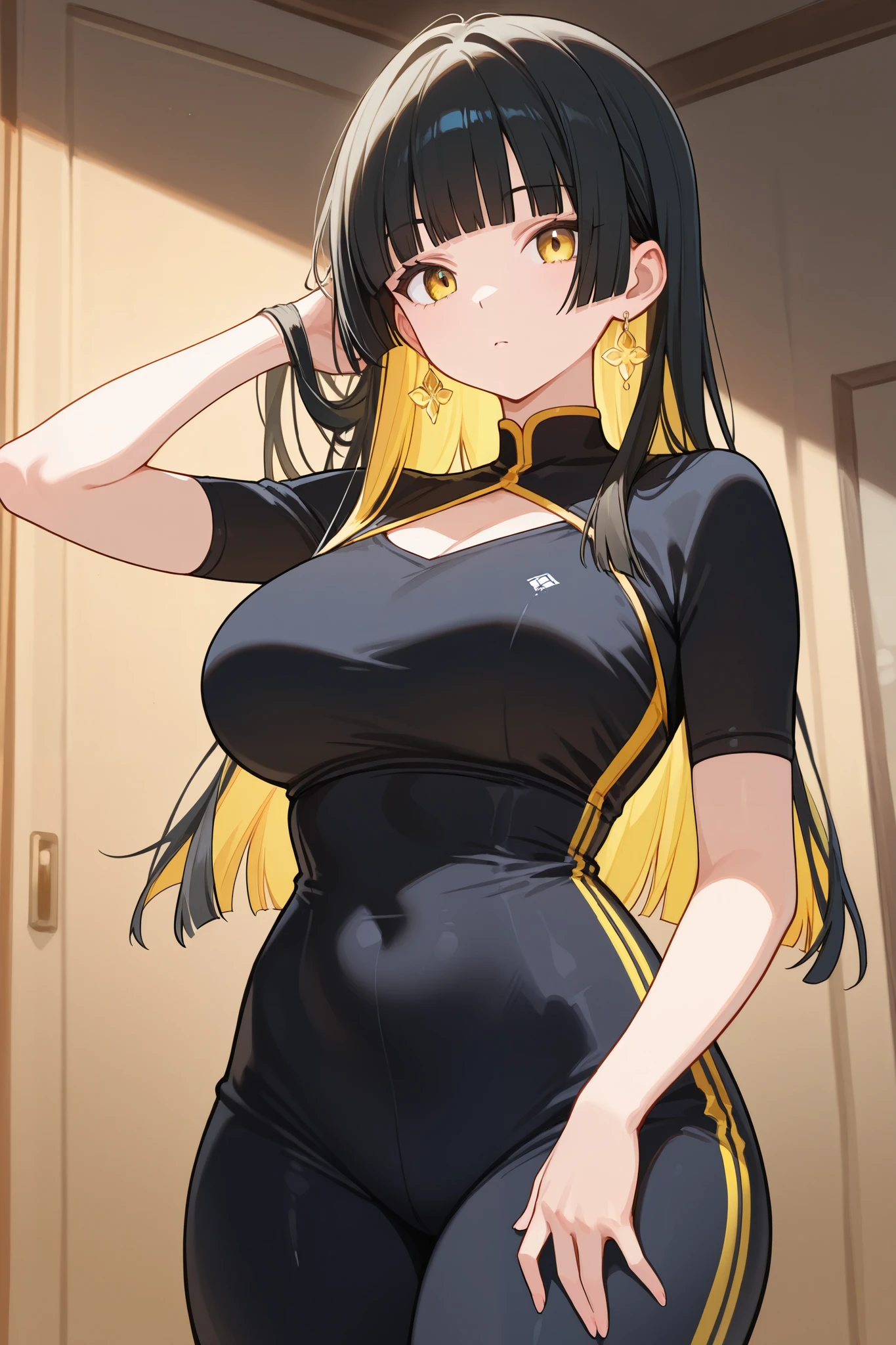 creates a 25-year-old anime girl with a yellow ball gown with wide hips and large breasts with a landscape of a park with tables