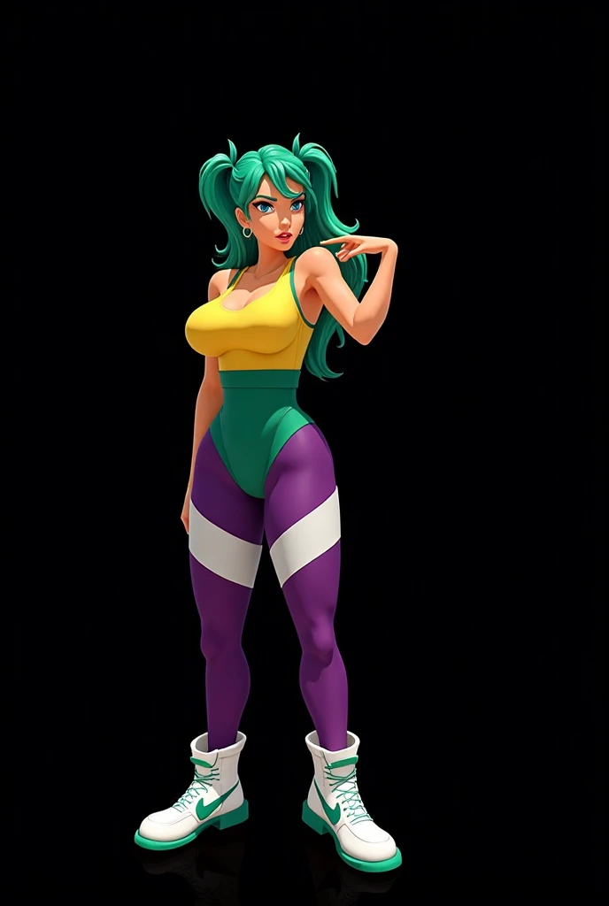 The full body image shows a Bulma from Dragon Ball, with harlequin hat, clown face paint, wearing cropped clown shirt, puffy sleeves, puffy crewneck, stomach navel exposed, large breasts, small waist, wide hips, thick legs, black panties, collarbone, clown 🤡, sexy body, it, night circus background, shiny skin, highest detailed, detailed clothes, pastel colors, detailed body, detailed face, back view