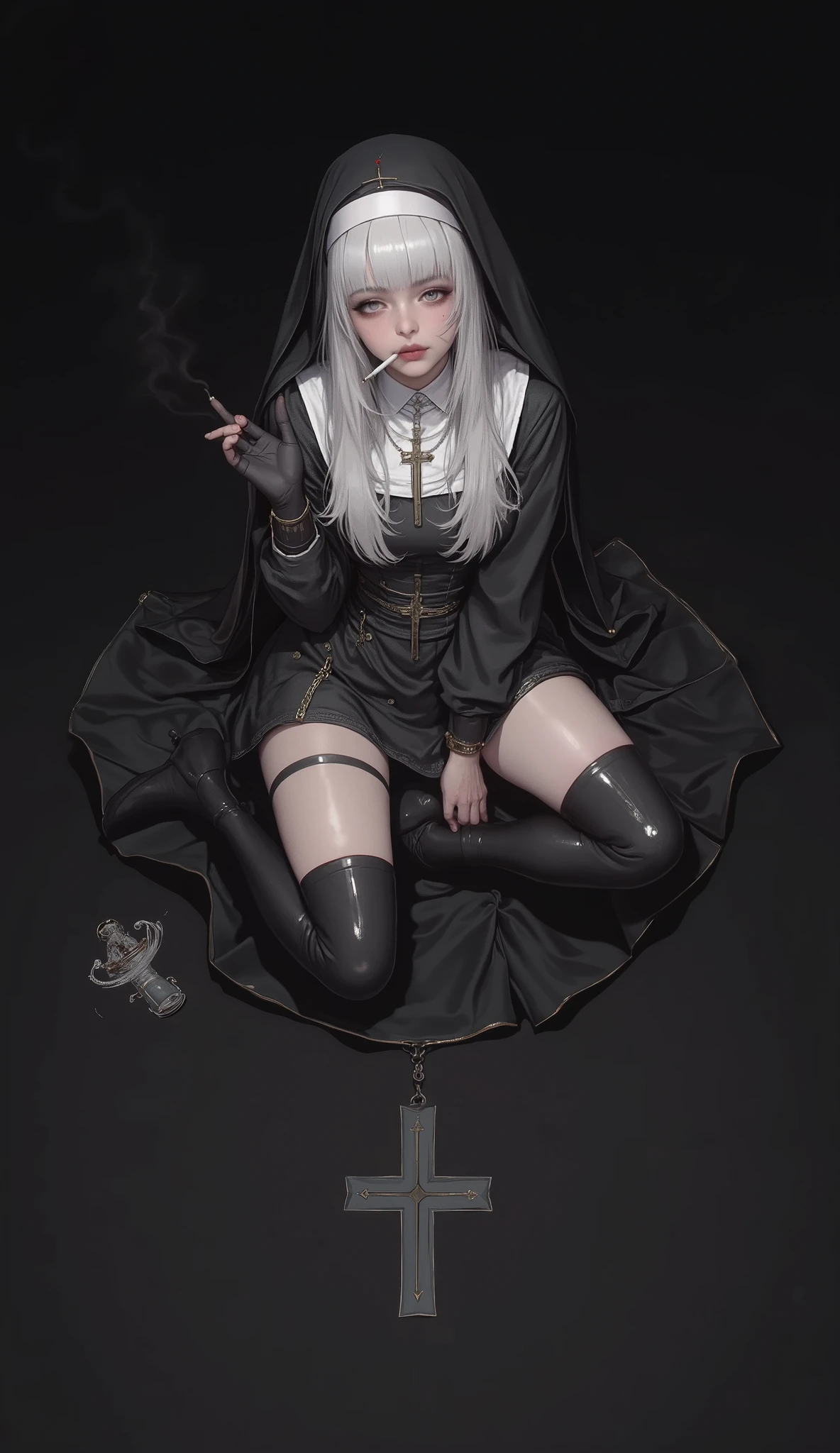 extremely detailed CG, high resolution, best quality, masterpiece,
Comic book cover illustration, full body shot of a white-haired nun, smoking, knees up, apathetic on dark background, from above, perspective, detail, epic, comic book cover, hot, cool pose --ar 4:5 --personalize br5db1d --stylize 700 --niji 6
