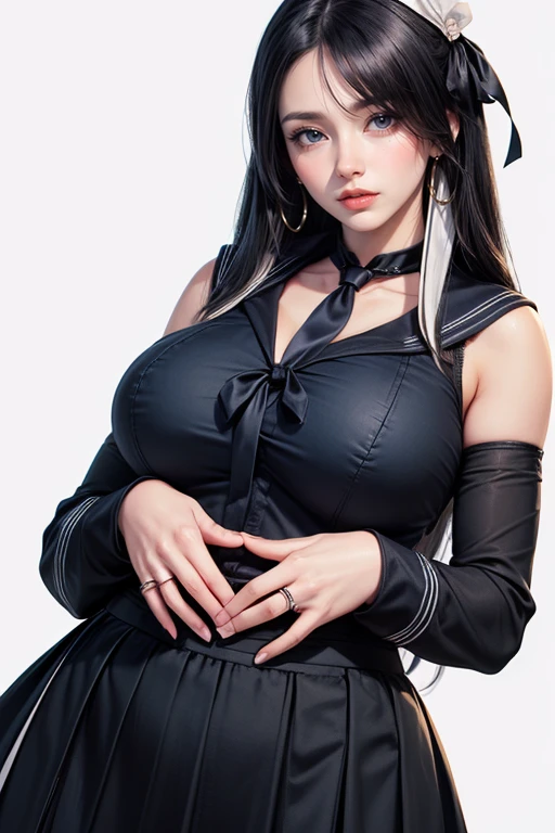 Highly detailed CG unit 8k wallpaper, masterpiece, High resolution, highest quality, highest quality real texture skin, Super Real, Digital Painting, Best image quality, 最High resolution, 8k, (((1 girl))), (Full Body Shot, Highly detailed eyes and face, Beautiful eyes in every detail), smile, grin, , serafuku, pleated skirt, sailor collar, white shirt,, black hair, ((gigantic breasts, Heavy chest, Long breasts, Disproportionate breasts, Huge breasts, Big Breasts, curvy, ))