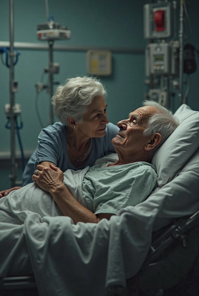 Crie uma imagem que represente uma cena emocional em uma cama de hospital. A cena envolve duas pessoas: a 72-year-old grandmother, doente e com um AVC, e seu neto, um jovem. The woman is lying in the hospital bed, parecendo doente e um pouco abatida. She should be portrayed with a soft and fragile look, demonstrating the vulnerability of their health condition. The grandson is by the woman's side, ligeiramente inclinado sobre ela. He's tenderly kissing the woman's forehead, expressando amor e carinho. His eyes are watery and bright, demonstrating your deep emotion and sensitivity to the situation. For the visual representation of the two people, The following features can be used: A mulher: grandma, cabelos grisalhos, olhos expressivos e levemente cansados, trajando roupa de internada. O homem: neto, jovem, cabelo curto, olhos emocionados e lacrimejantes, vestindo roupas casuais. O ambiente envolvente deve ser um quarto de hospital, com luz suave e reconfortante.