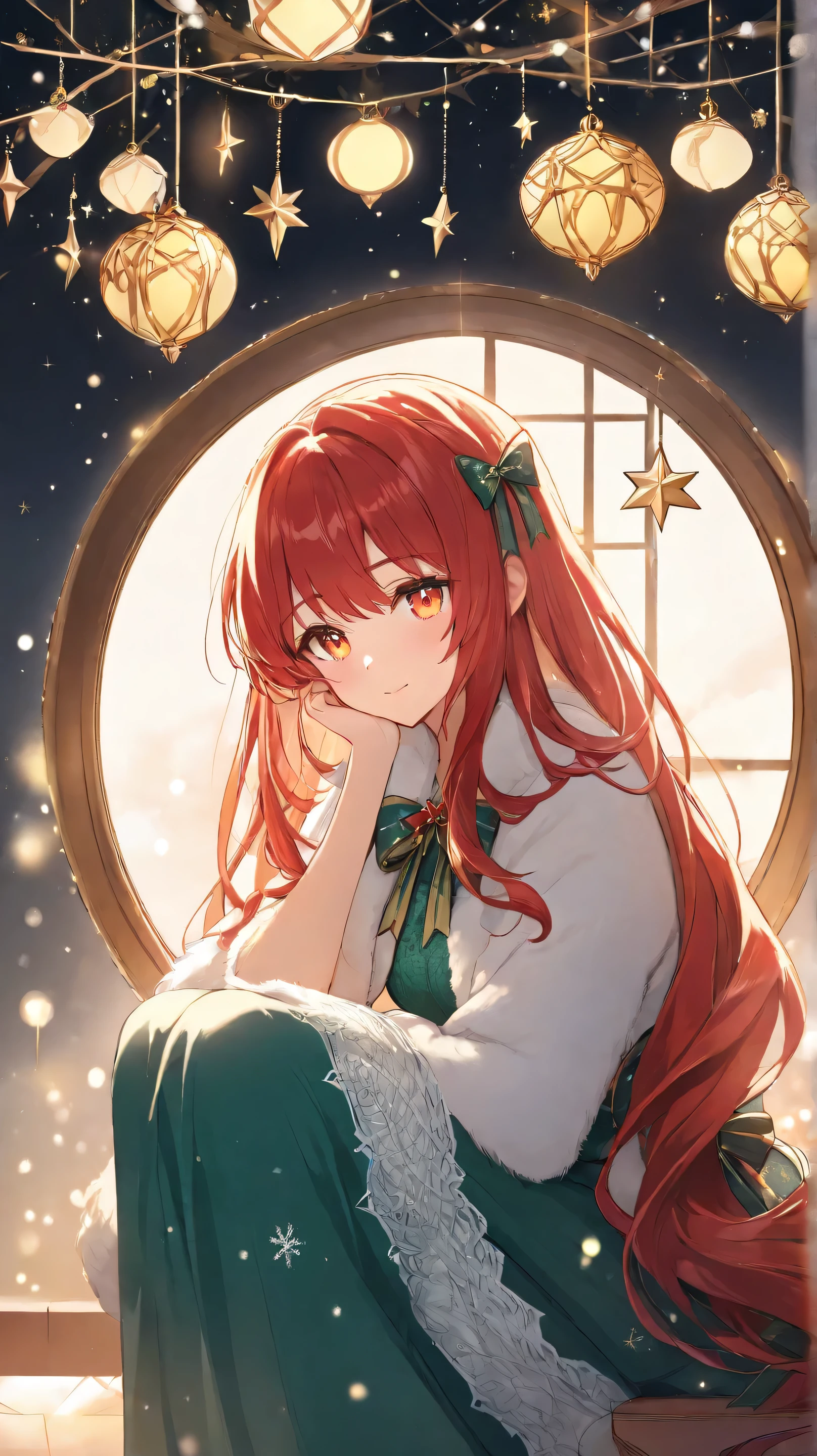 Masterpiece, Best Quality, Top Quality, Very Detailed, A beautiful red-haired woman with glowing golden eyes, dressed in an elegant green lace outfit with festive white fur trims and a ribbon bow around her neck. She sits gracefully in a cozy. The warm, ambient lighting casts a magical glow on her delicate features, reflecting off the ornaments around her. The atmosphere is dreamy and enchanting, evoking the warmth and joy of the holiday season.