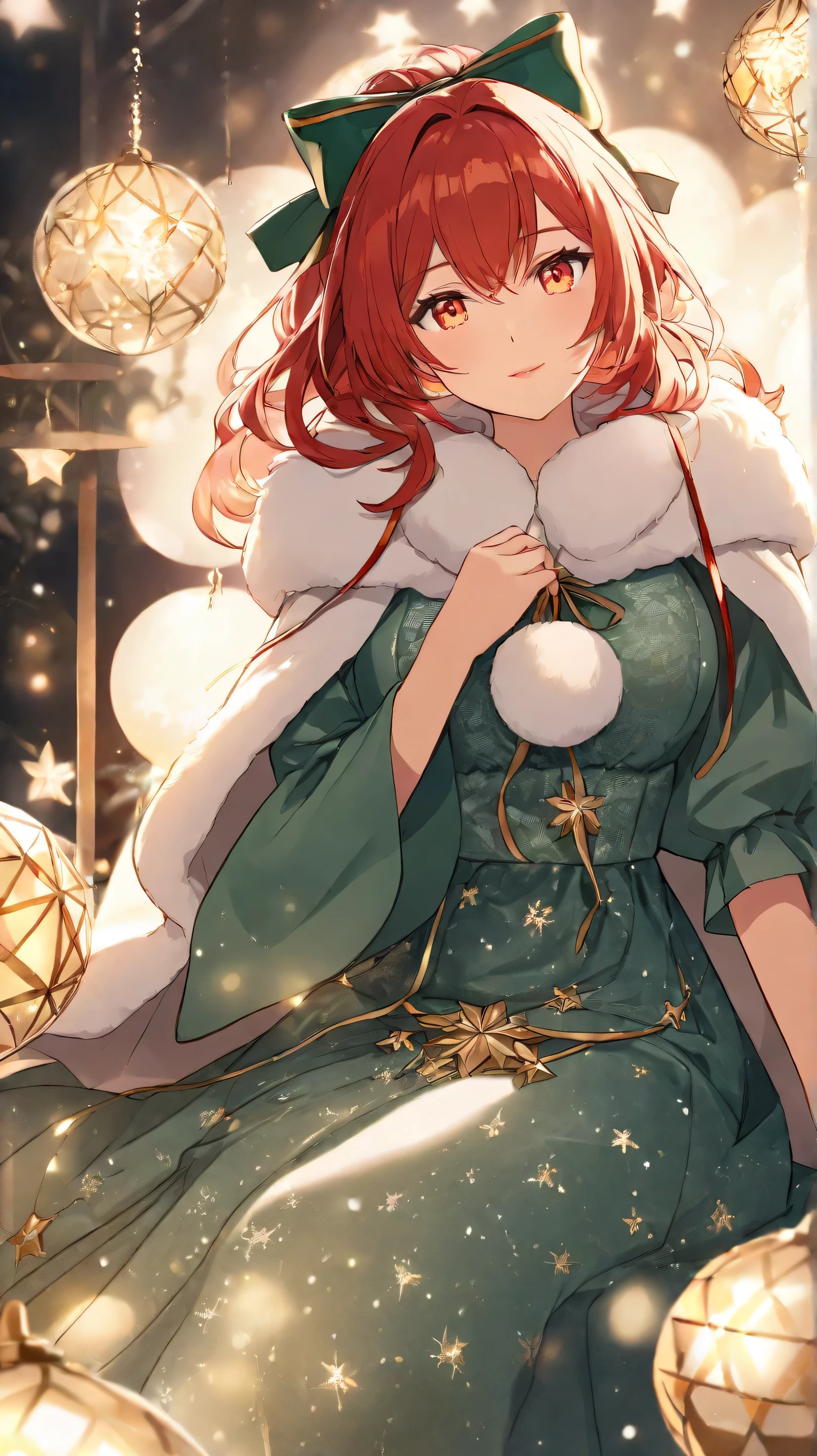 Masterpiece, Best Quality, Top Quality, Very Detailed, A beautiful red-haired woman with glowing golden eyes, dressed in an elegant green lace outfit with festive white fur trims and a ribbon bow around her neck. She sits gracefully in a cozy. The warm, ambient lighting casts a magical glow on her delicate features, reflecting off the ornaments around her. The atmosphere is dreamy and enchanting, evoking the warmth and joy of the holiday season.