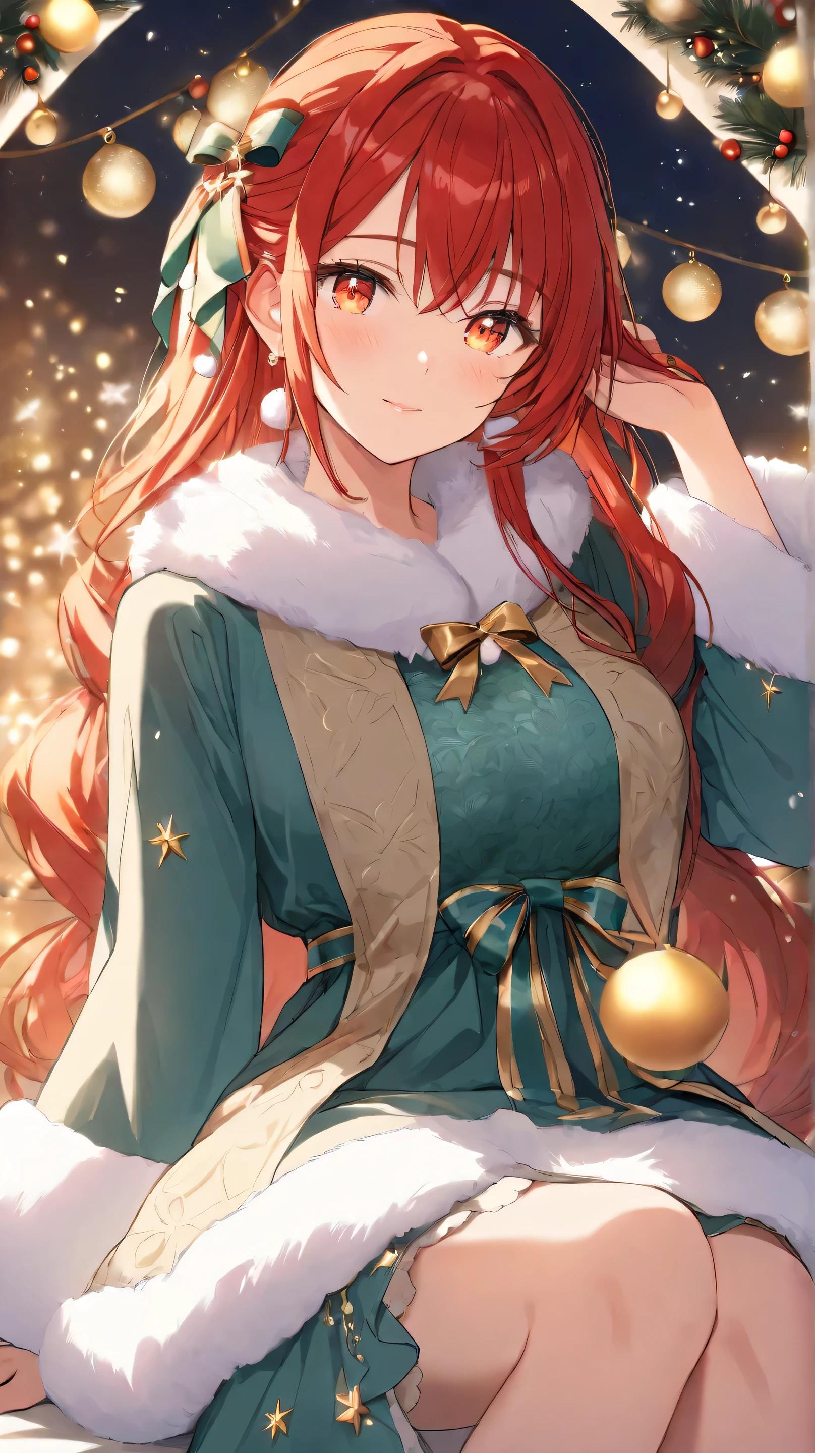 Masterpiece, Best Quality, Top Quality, Very Detailed, A beautiful red-haired woman with glowing golden eyes, dressed in an elegant green lace outfit with festive white fur trims and a ribbon bow around her neck. She sits gracefully in a cozy. The warm, ambient lighting casts a magical glow on her delicate features, reflecting off the ornaments around her. The atmosphere is dreamy and enchanting, evoking the warmth and joy of the holiday season.