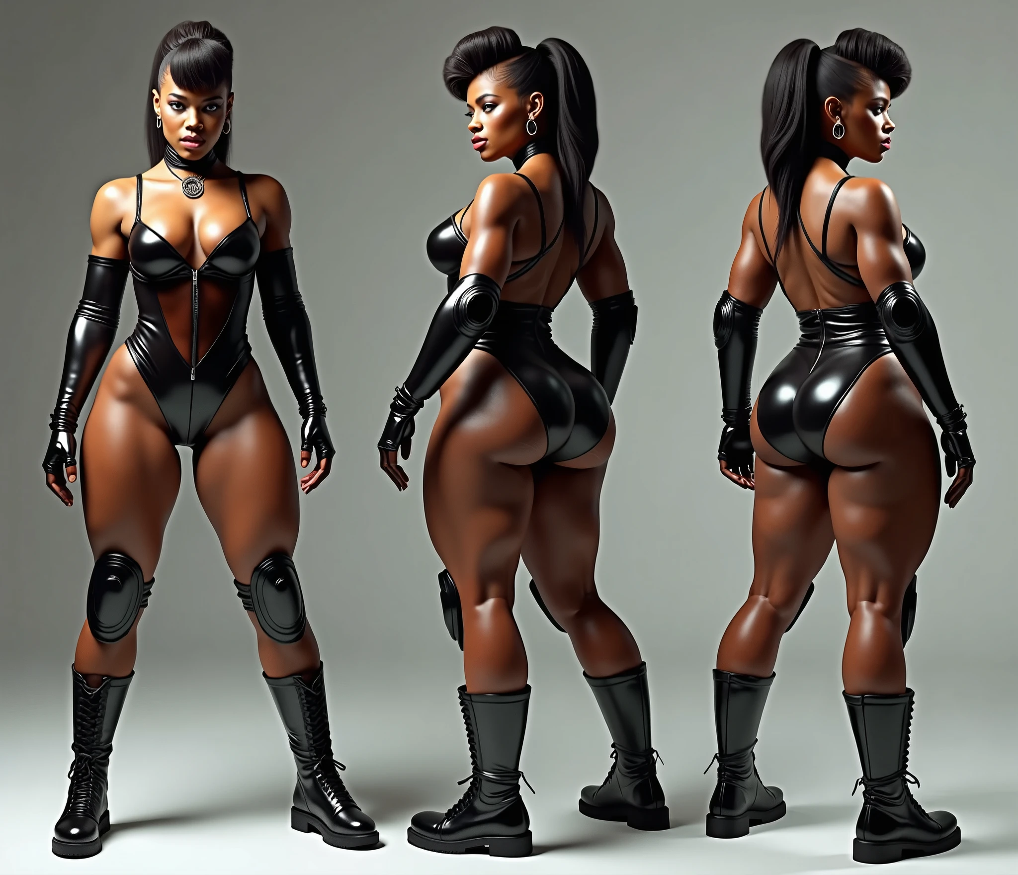 ((character design sheet)),((full body view)),1 Same Girl , Perfect Beautiful , ((bald head)) ,(dark orange skin), ((android woman)),( metallic android , Black leather harness , Athletic Body , ((gigantic breasts)), Realistic Lighting, Dark Vibe , Crowd , Gothic Makeup , Gothic Tattoo , Posing Like a Model , Look at Viewer, simple background,