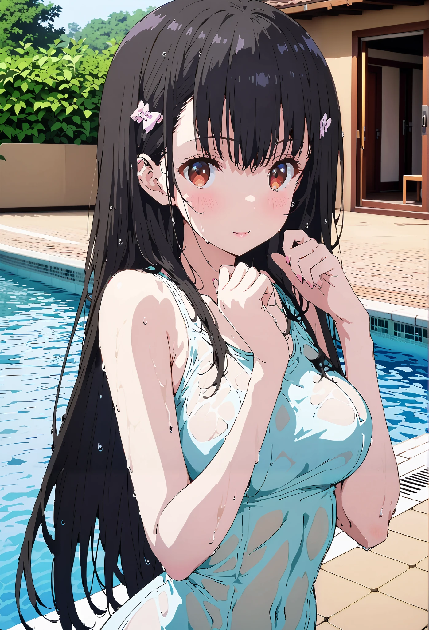 dvd cover, (High resolution:1.4), (masutepiece:1.2), (High quality:1.3) 1girl, saten ruiko, green eyes, long hair, black hair, small breast, smile