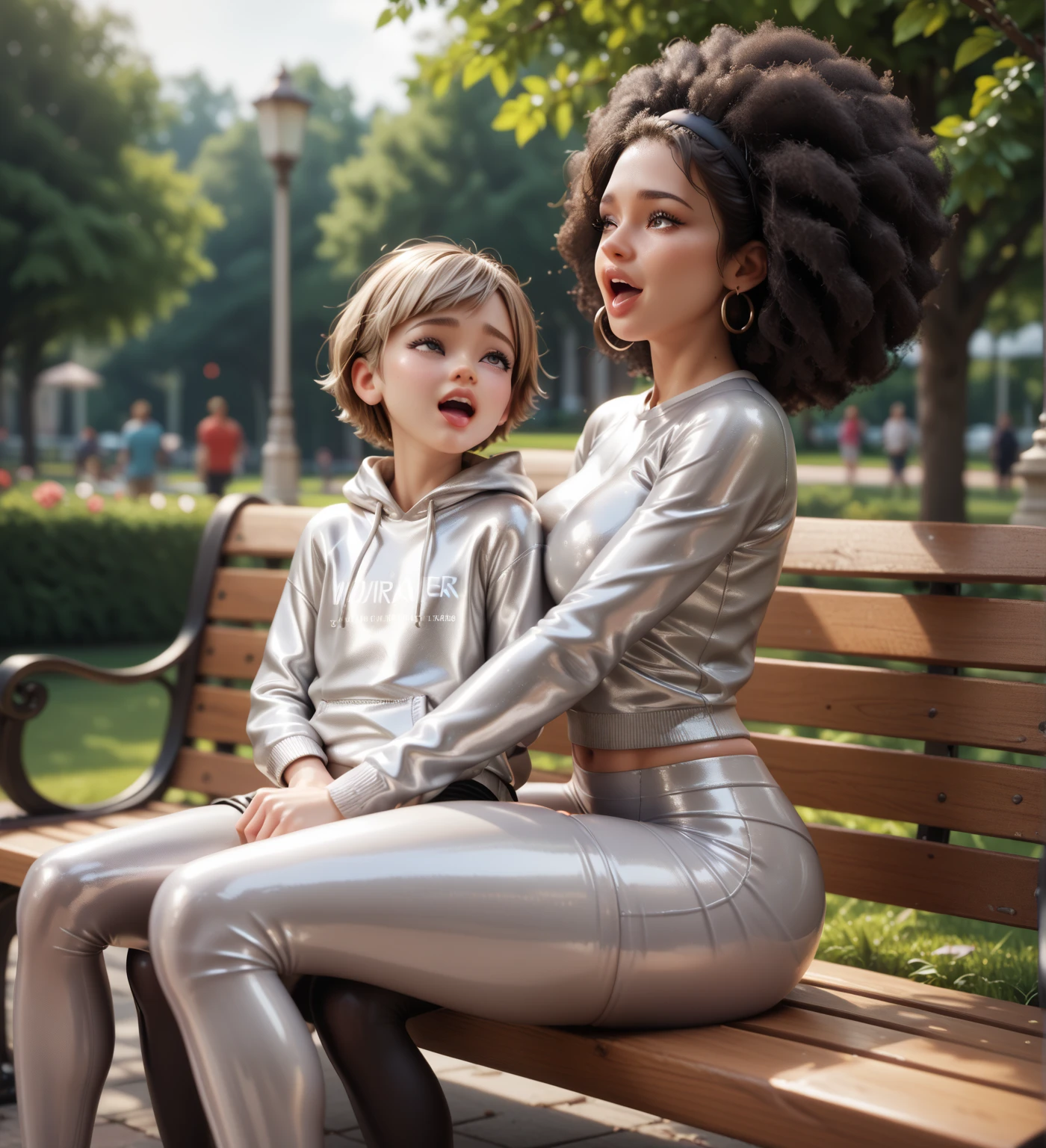 mother and young daughter , Is sitting on the bench in the park - SeaArt AI