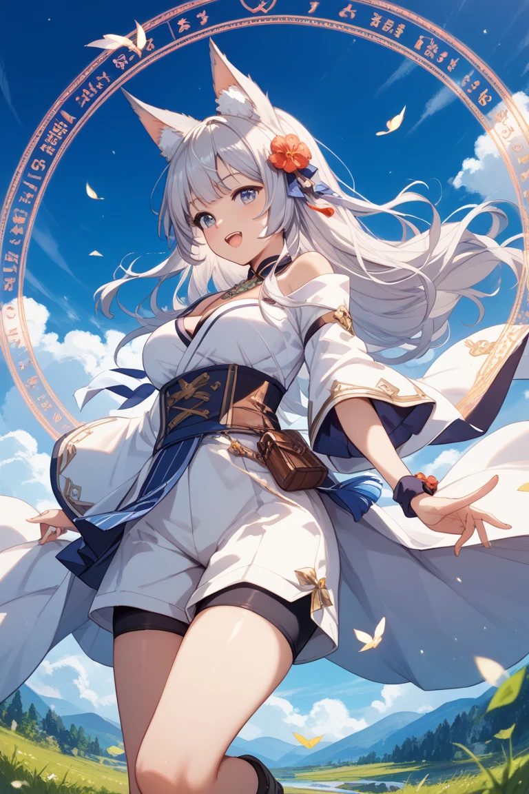 masterpiece, Highest quality, Very detailed, unity 8k wallpaper, (Chinese clothing), Sky, 1 girl, Gradient Hair, Hair between the eyes, Ahoge, Year: 16, Recall, Pretty face, White knee socks,Jump energetically、A lively atmosphere
