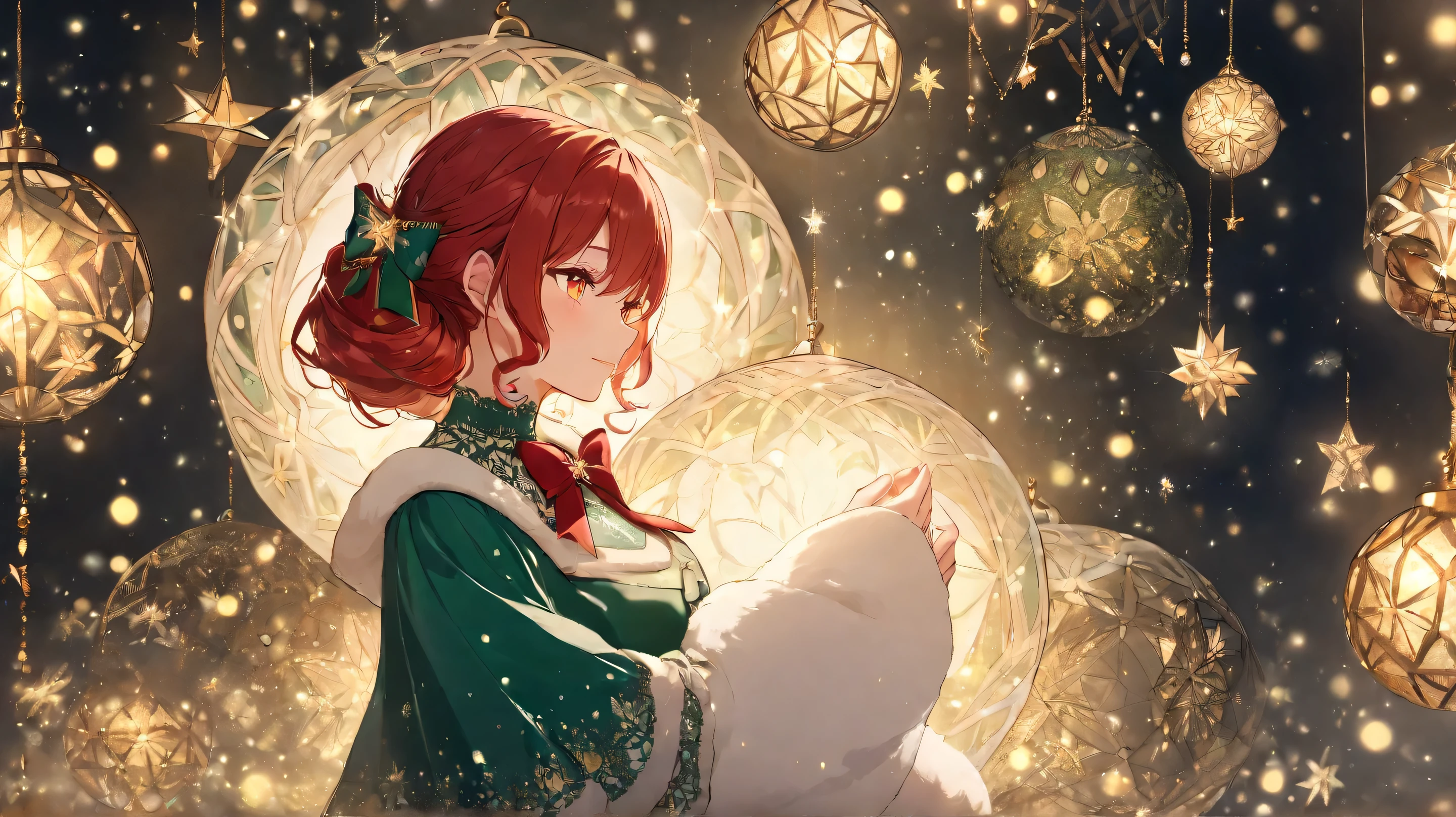 Masterpiece, Best Quality, Top Quality, Very Detailed, A beautiful red-haired woman with glowing golden eyes, dressed in an elegant green lace outfit with festive white fur trims and a ribbon bow around her neck. She sits gracefully in a cozy. The warm, ambient lighting casts a magical glow on her delicate features, reflecting off the ornaments around her. The atmosphere is dreamy and enchanting, evoking the warmth and joy of the holiday season.