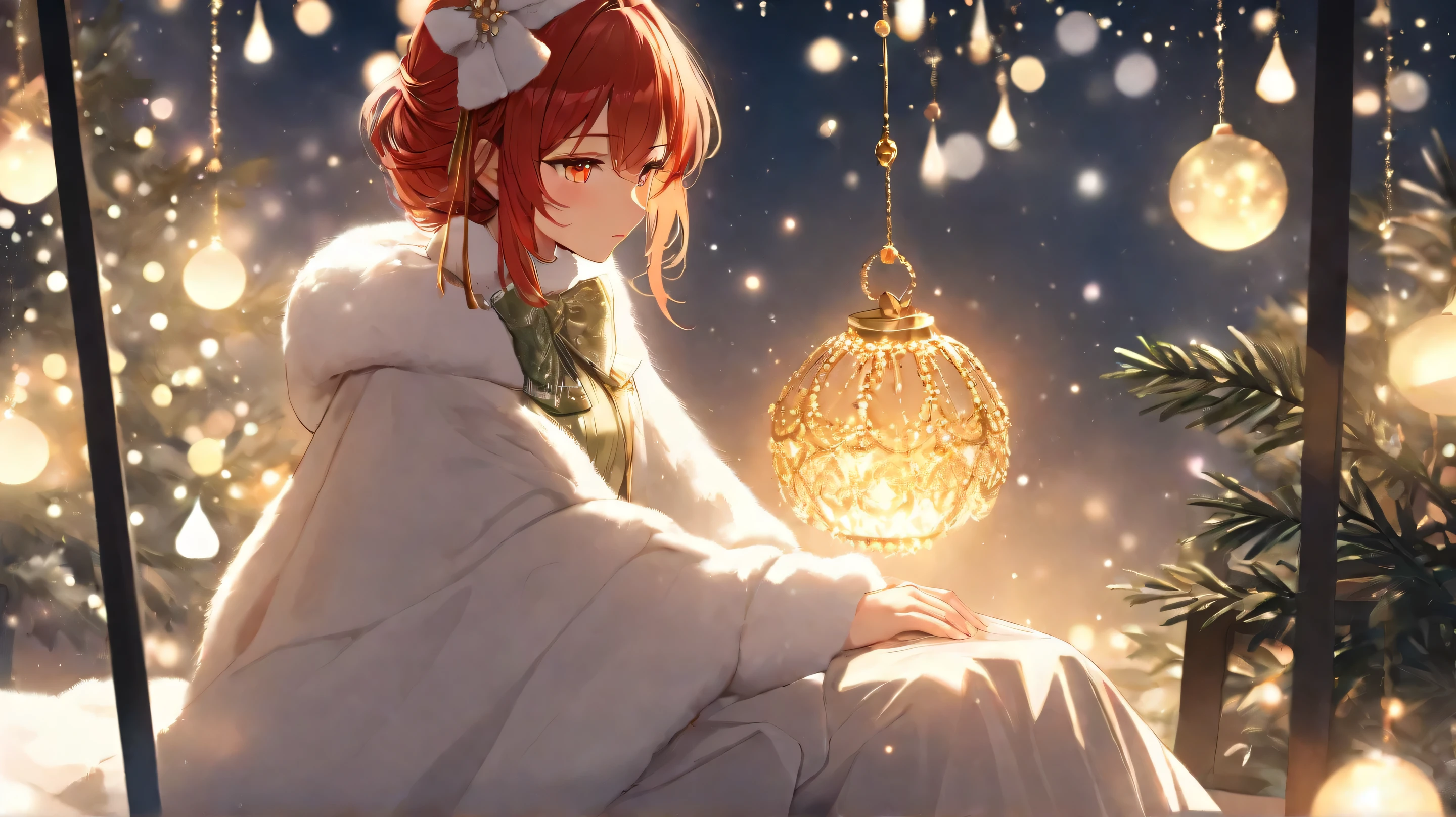 Masterpiece, Best Quality, Top Quality, Very Detailed, A beautiful red-haired woman with glowing golden eyes, dressed in an elegant green lace outfit with festive white fur trims and a ribbon bow around her neck. She sits gracefully in a cozy. The warm, ambient lighting casts a magical glow on her delicate features, reflecting off the ornaments around her. The atmosphere is dreamy and enchanting, evoking the warmth and joy of the holiday season.