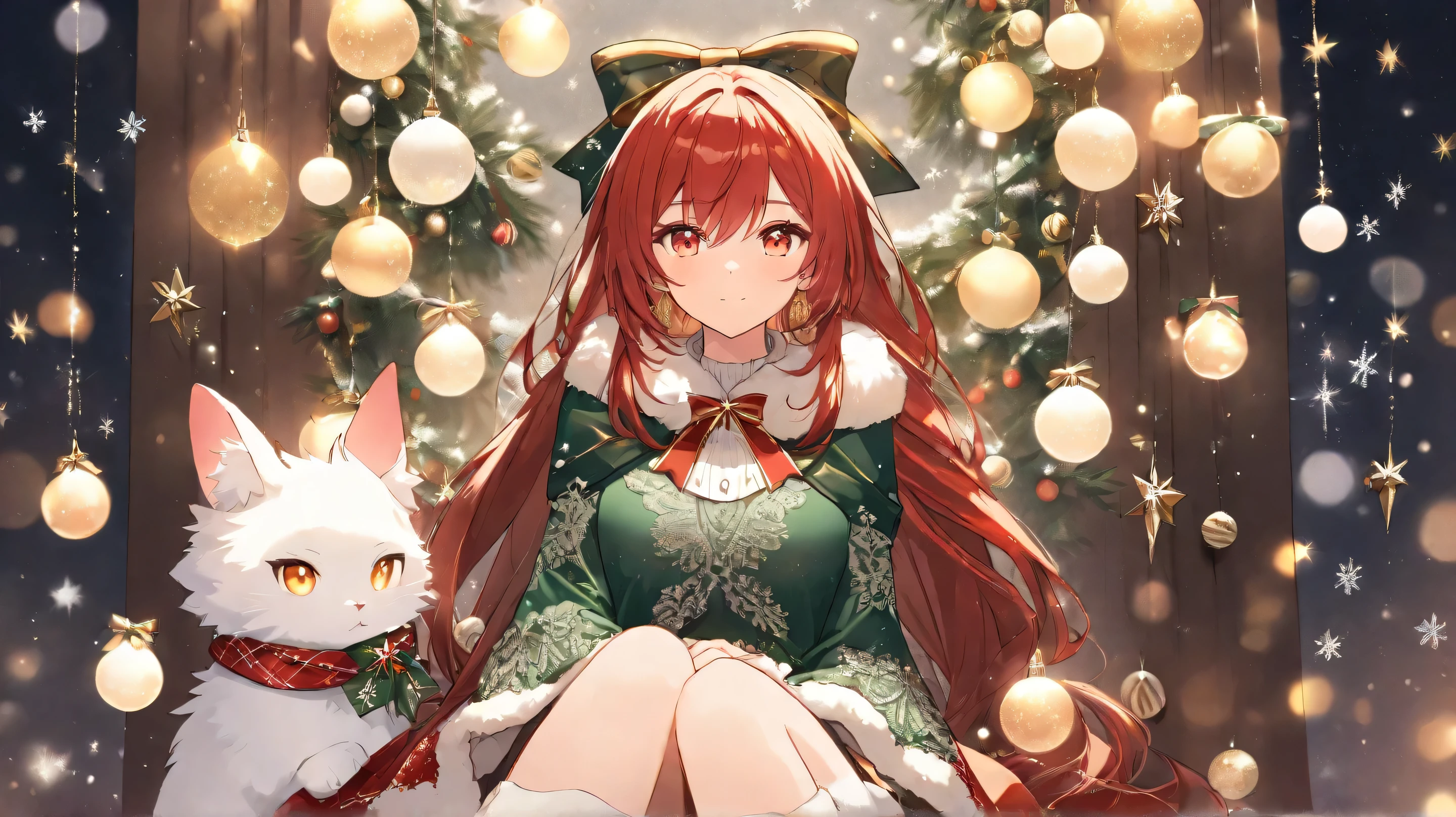 Masterpiece, Best Quality, Top Quality, Very Detailed, A beautiful red-haired woman with glowing golden eyes, dressed in an elegant green lace outfit with festive white fur trims and a ribbon bow around her neck. She sits gracefully in a cozy. The warm, ambient lighting casts a magical glow on her delicate features, reflecting off the ornaments around her. The atmosphere is dreamy and enchanting, evoking the warmth and joy of the holiday season.