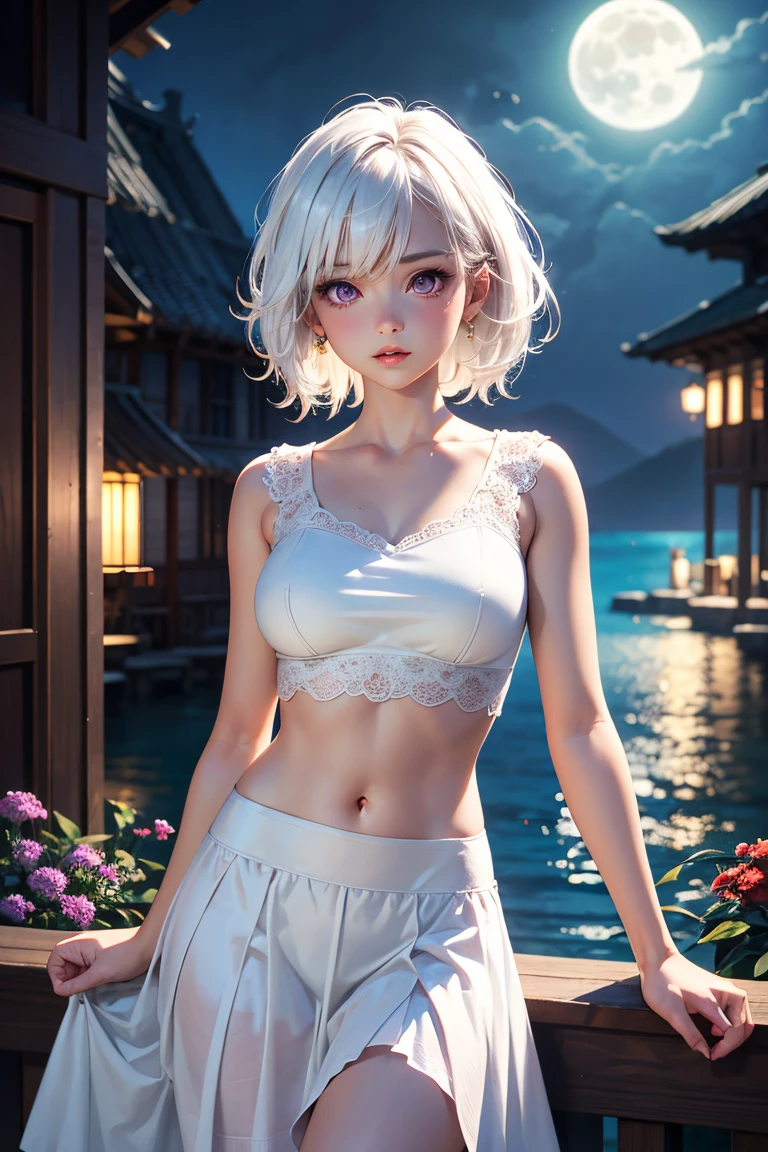 8K, Top Quality, Intricate Details, Ultra Detail, Ultra High Resolution, Masterpiece, random angle, Slender, Smile, (Makeup: 0.4), (Fluffy Blue Eyes: 1.21), blue Eyes, looking at the viewer, ((full body)), 1girl, solo, 1 girl, (( full body)), charming Russian model Nata Lee, light blonde hair, close up shot, ((tall)), (((fit body))), (((slim face))), sharp face, sharp eyes, ((( white hair, short hair, bangs )), (detailed face), sharp face, small lips, (( )), ((crop top)), detailed face, detailed breast, large breast, detail ass, Beautiful girl with accentuated slender abs: 1.4, Six Pack Abs: 1.4, Bust Botox, Big, Perfect Body, detail leg, (( moonlight)), hot spring.