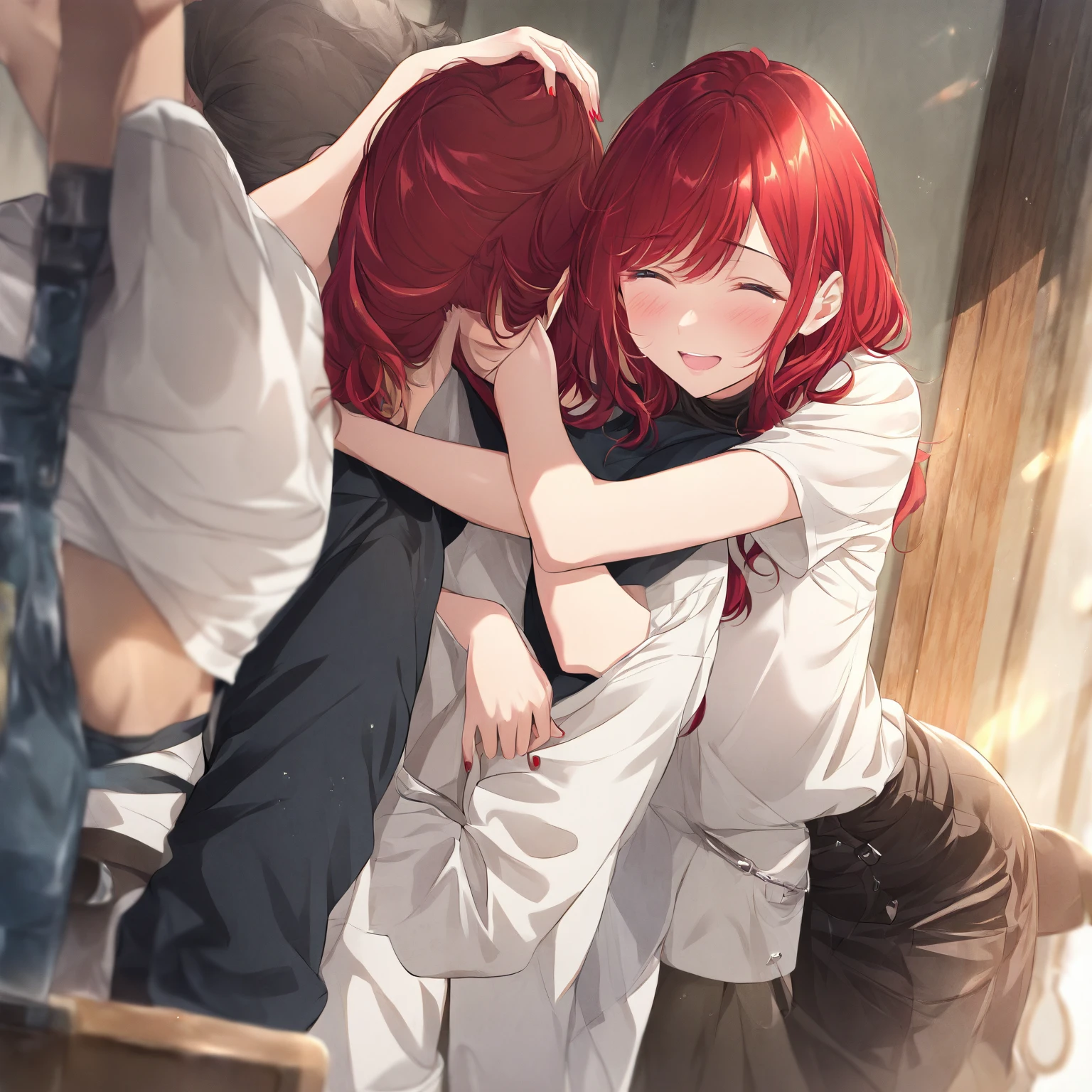 Korean couple hugging each other on top of bed，low saturation，pale-blue( Reasonable design, linhas claras, alta nitidez,best quality, Very detailed, master part, Efeito de luz do filme, 4k )