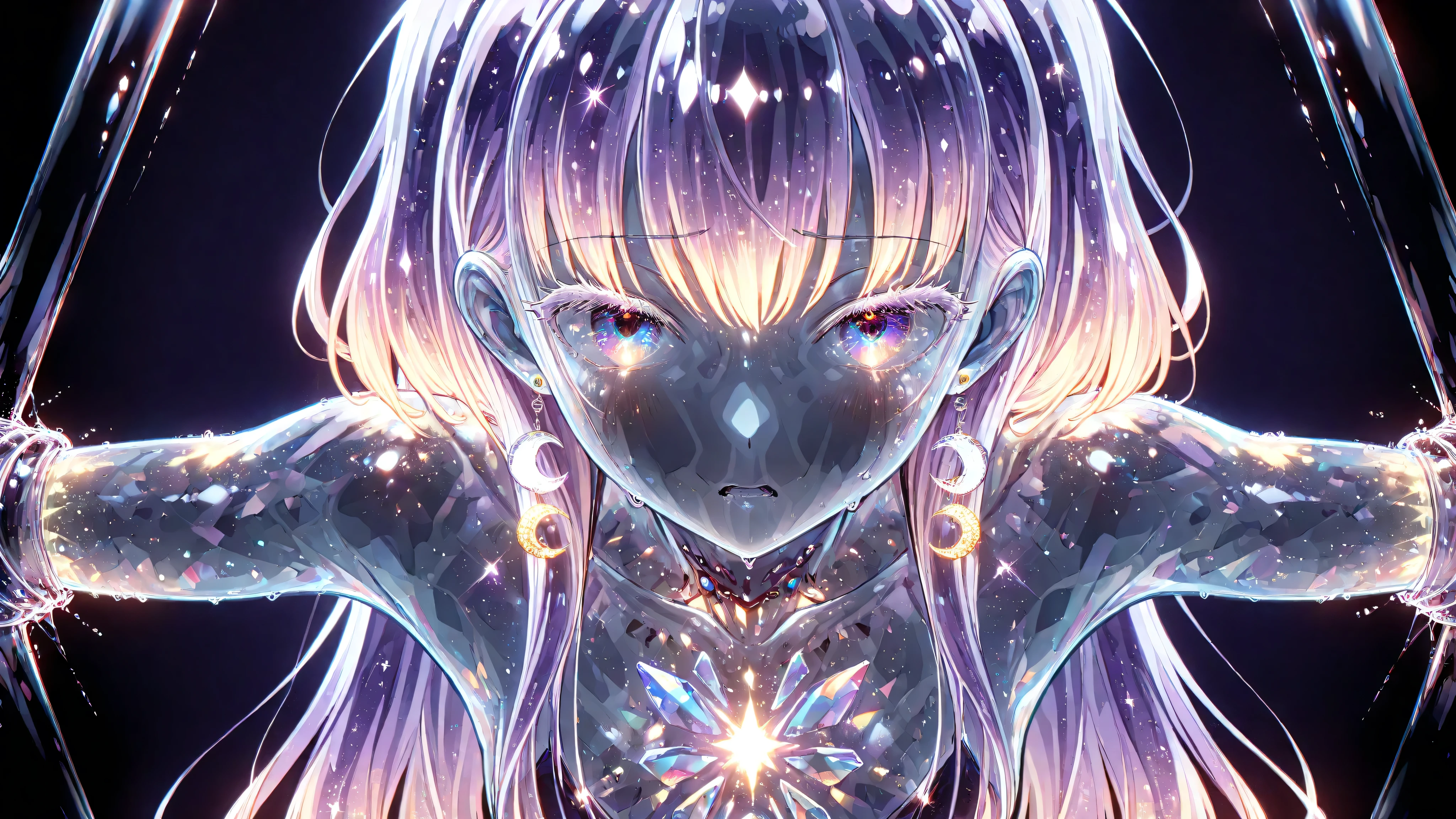 1 girl, masterpiece, high resolution, top quality, Textured skin, about 20 years old, Boyish, (be restrained), plump skin, glowing skin, only one, white and purple gradation hair, white eyelashes, small breasts, painful expression, hot, crescent earring, Anime Style Illustration, glass skin, Optical refraction, reflection, glitter, prism ray, An anime-style character with a fully transparent, glass-like body. The character's skin reflects light like smooth, clear glass, with subtle highlights and refractions. The body is hollow inside, with no internal organs visible, and the surrounding light passes through, casting delicate shadows and reflections, A girl with transparent skin whose body is made of glass, ((girl made by glass)), (transparent body), High Contrast, Colorful Eyes, Seductive, Luminous Hair