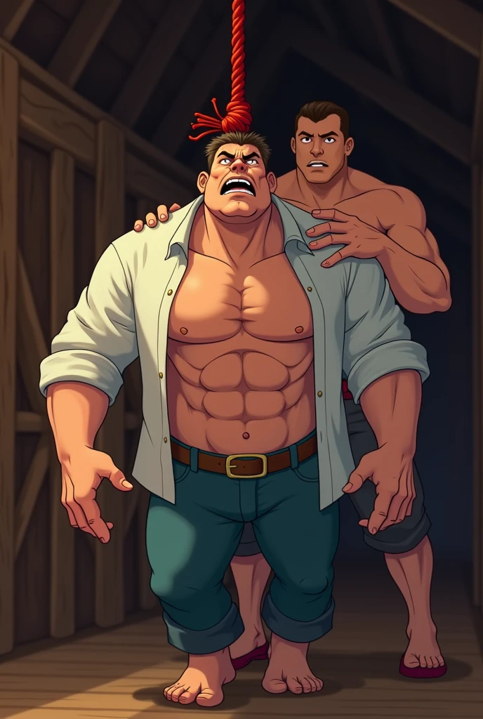 ,, handsome muscular shirtless brown bearded hairy man laughing hands behind back tied in hogtie position on top of a fallen log, wearing suspenders and a jeans, tickled ribs, feet tickling by hands forest background,, ribs tickling,