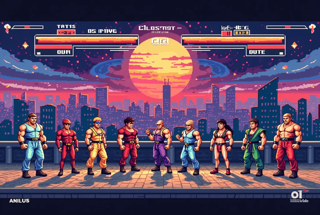 {{A ((vibrant and nostalgic)) depiction of {((a retro arcade character selection screen with pixel art aesthetics and a CRT monitor effect: 1.32))}} with {((eight pixelated characters standing in a row, each designed in a unique 8-bit or 16-bit fighting game style, with health bars and animated idle stances))}. This is a {((retro pixel art animation))}-inspired image that showcases {((a brightly colored UI with bold, blocky fonts and glitchy scanlines))}. The environment/background should be {((a classic arcade cabinet screen with pixelated city skylines and dynamic electric effects))} to create an {((energetic, old-school gaming atmosphere))}. The image should be in the style of a {((1990s arcade fighting game UI))}, incorporating elements of {((Street Fighter II, Metal Slug, King of Fighters, and SNK pixel art aesthetics))}. The {((medium shot))} shot, captured with a {((sharp-focus fixed lens))}, will provide a {((flat yet immersive perspective mimicking classic game screens))}. The lighting should be {((soft glow with pixel-perfect shading))}, emphasizing {((the retro color palette and CRT distortion effects))}. The desired level of detail is {((carefully crafted pixel precision))} with a {((1080p upscaled resolution))}, highlighting {((vivid character sprites, nostalgic UI elements, and dynamic animations))}. The goal is to create a {((fun and engaging selection screen))} that captivates viewers with its {((retro arcade energy and classic fighting game vibes))}.
