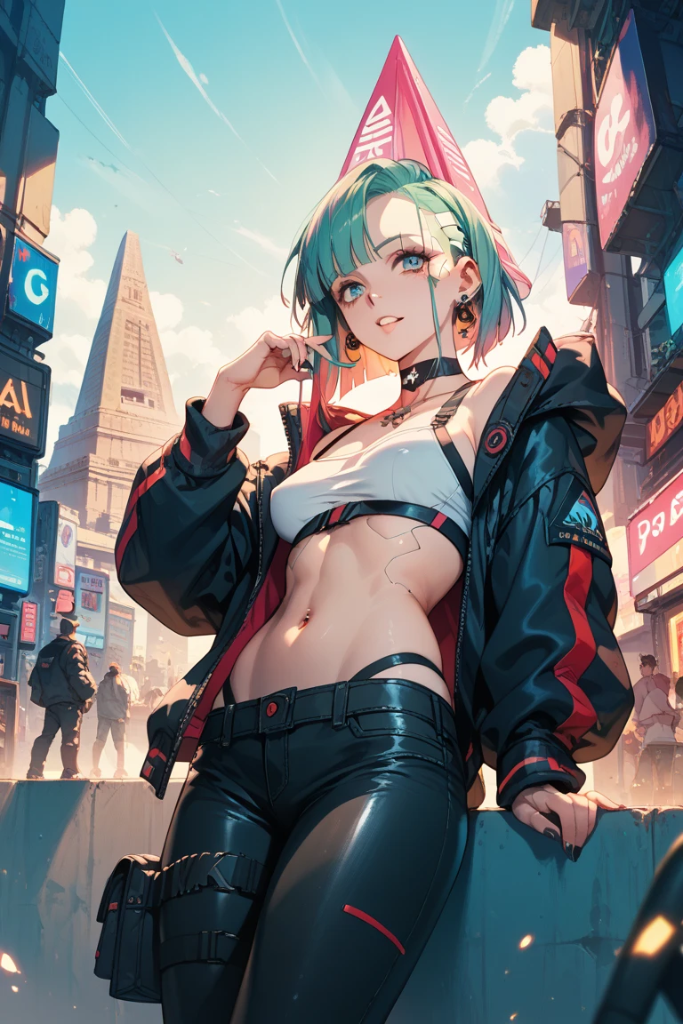 (masterpiece, top quality, best quality, official art, beautiful and aesthetic:1.2), (1girl:1.3), (fractal art:1.3), Double Bun with Bangs, colorful, dynamic, confident, expression, attention-grabbing, stylish, fashion, cyberpunk, Double Bun with one side Bangs longer than the other, silver hair, wearing denim short very dark green jacket, no shirt, no bra, shows belly button, shows inner side boobs, has a green and purple mouth gas mask. black long pants.