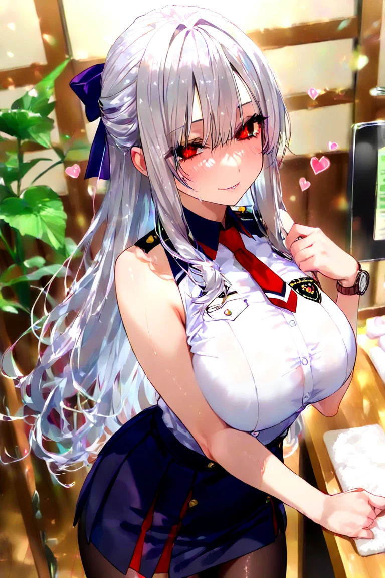 young girl, blue silver hair, blue green eyes,beautiful and detailed eyes, big breasts, long hair,European ponytail hairstyle , happy smile, White shirt,white blazer, black mini skirt, (cherry blossom garden )