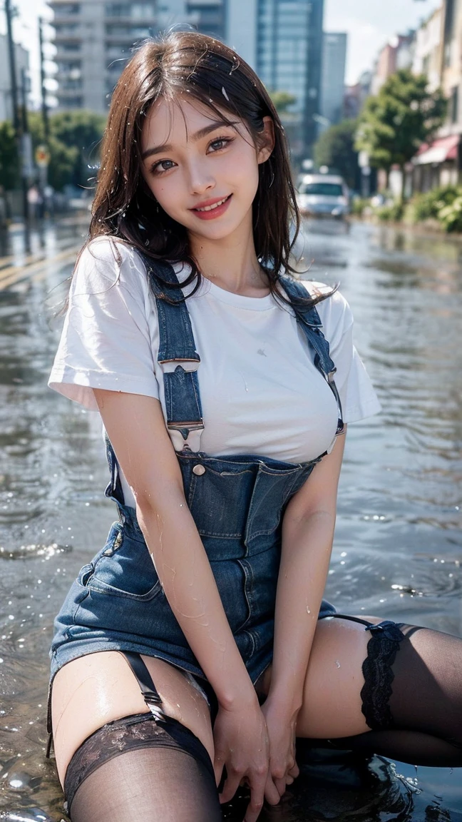 songkran,Wet roads ,drenched, Dripping, Wet Face,Wet clothes, Wet Skin, Wet Hair,A young woman with a cute face like an idol,((White blouse)),((Cleavage)),((Full body portrait)),Natural light,Daytime,RAW Photos,Genuine,Genuine,High resolution,RAW Photos,masterpiece, Genuineistic, beautiful