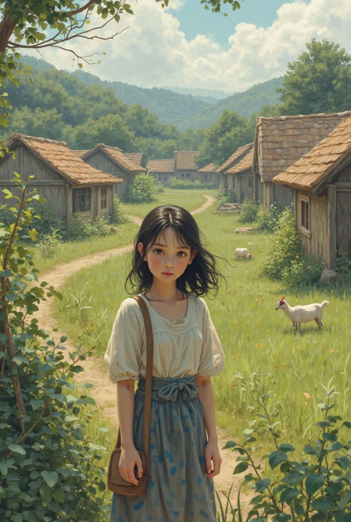 ancient farmer kid hiding behind a tree and lying in the grass watching a village on fire in the distance