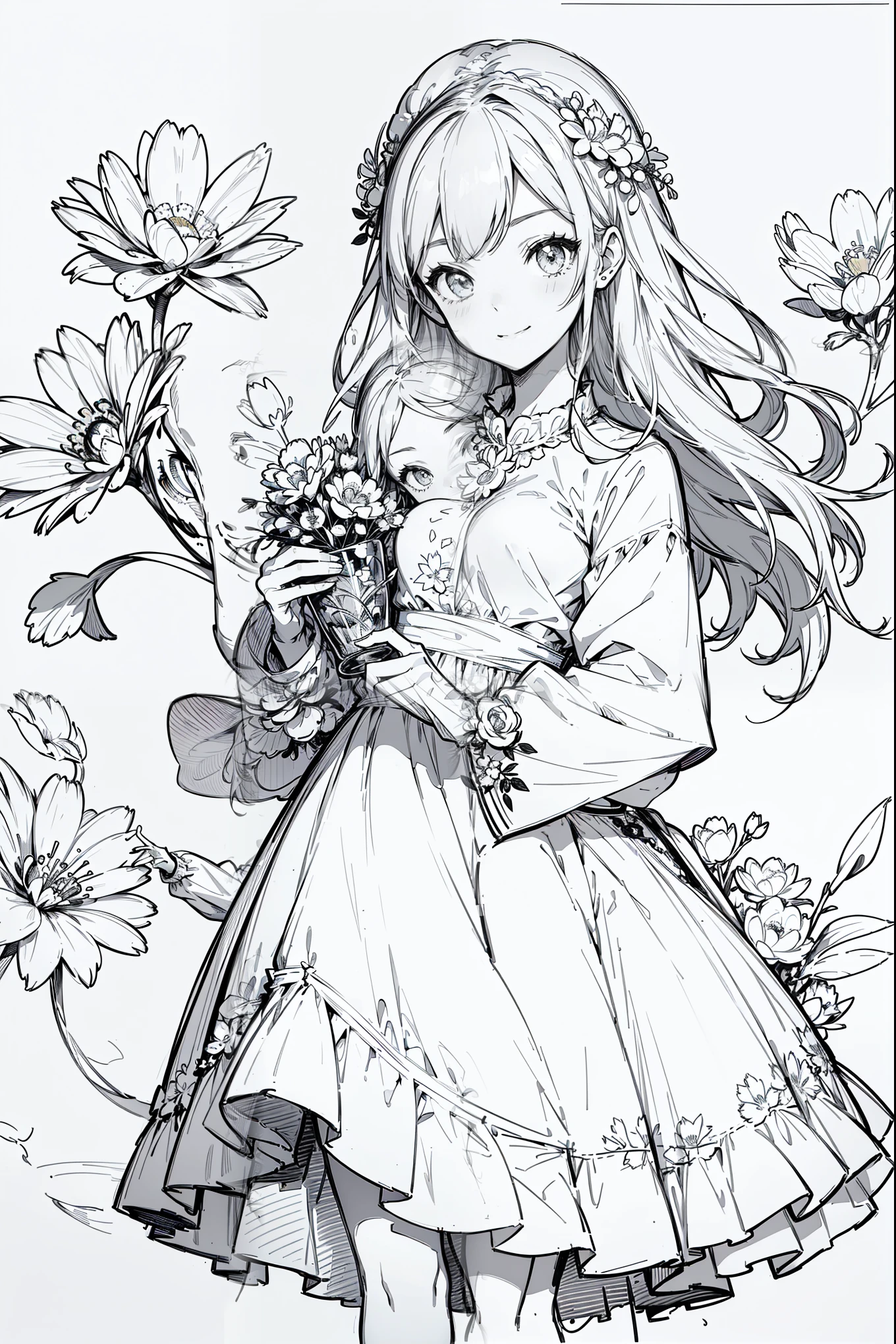 line art , Line Art、Black and White、Gray Hair、 White Outfit 、Simple lines、masterpiece, top quality,1. sketch, ((1. Line Art)), ( pencil drawing), Barbie Happy Girl with a bunch of flowers,bust up, alone, long hair,smile, fringe , skirt, shirt, Long Sleeve, Sombrero, dress, open your mouth, flower, flower, flower, Holding a bunch of flowers, flower, line art ,((sketch)), white background, Draw a line,flowerfield,,background with lots of flowers, high definition, Retina opens her mouth a little,